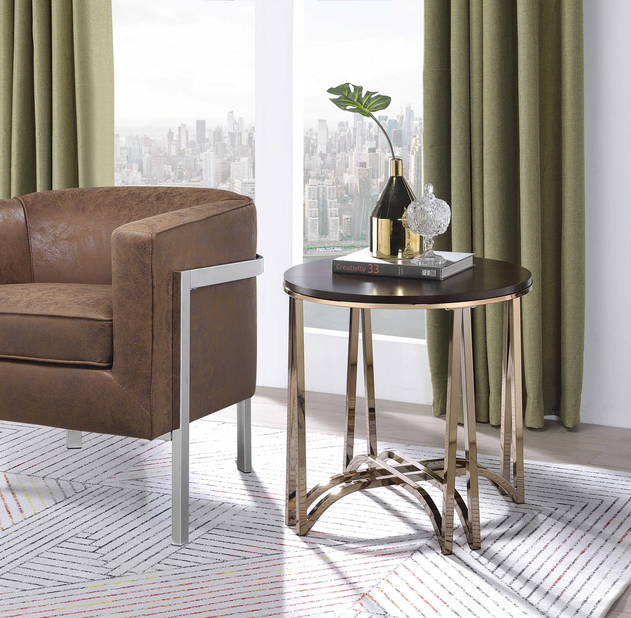 Walnut And Champagne Metal End Table By Homeroots - Image 2