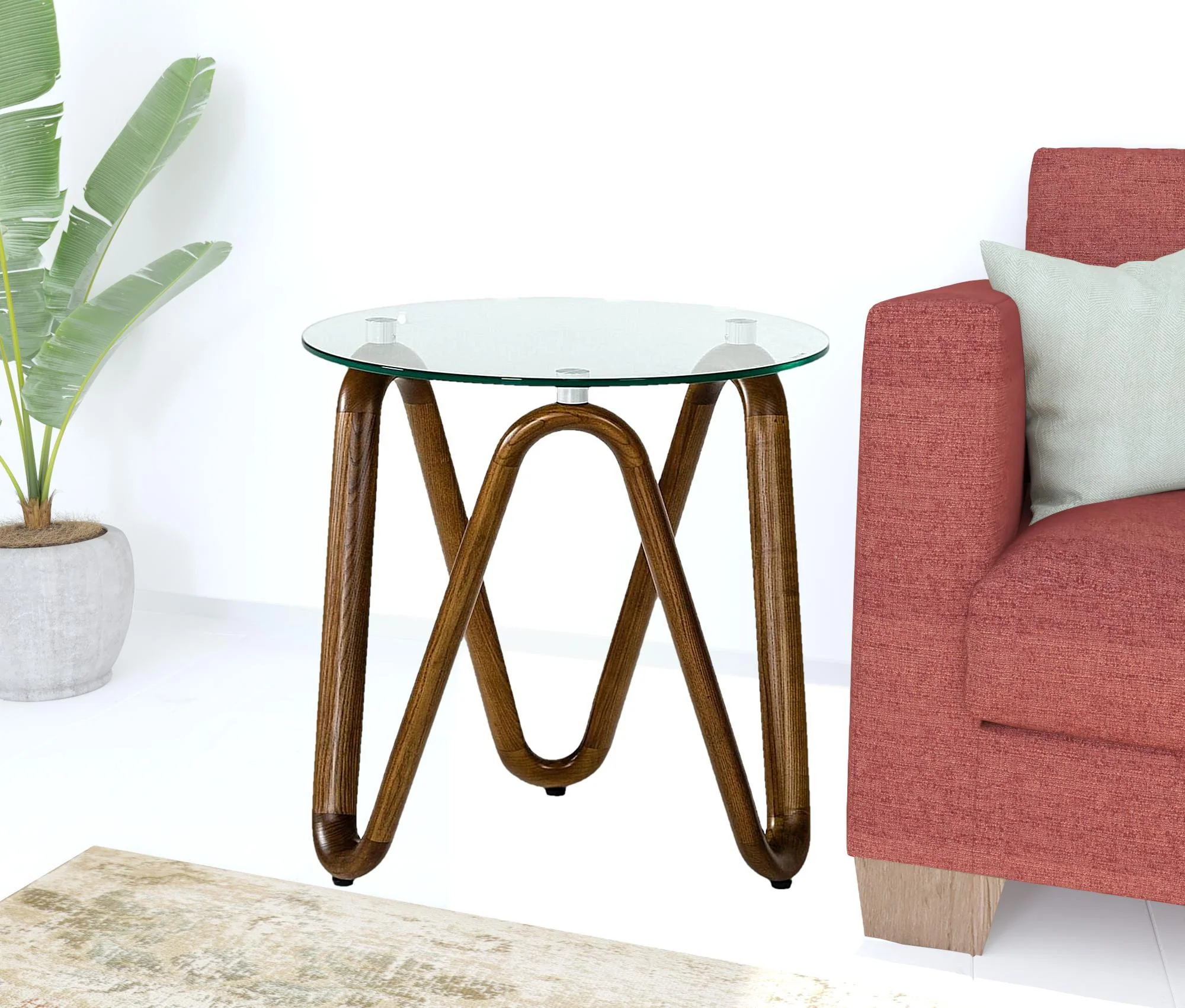 Walnut And Clear Glass Solid Wood Ribbon Base Round End Table By Homeroots - Image 2