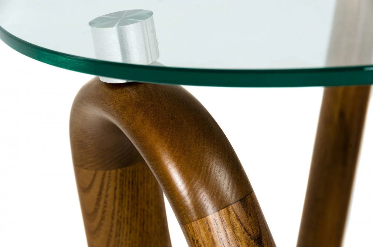 Walnut And Clear Glass Solid Wood Ribbon Base Round End Table By Homeroots - Image 3