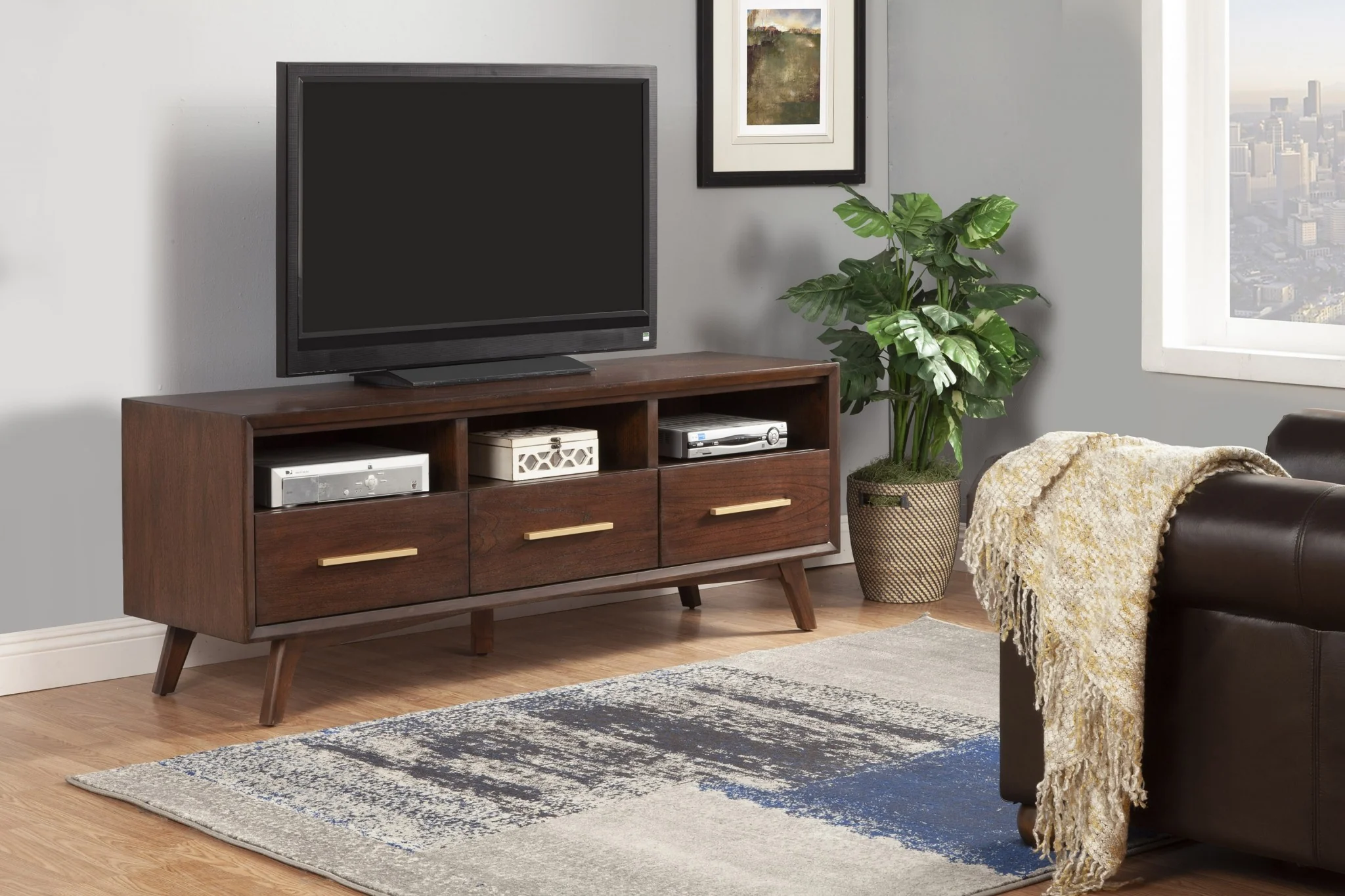 Walnut and Gold Mid Century Modern TV Console By Homeroots - Image 2
