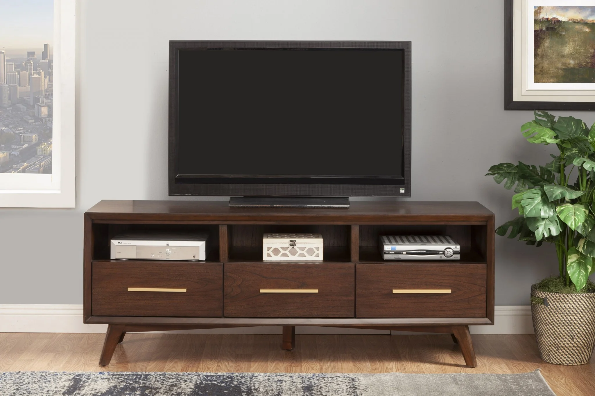 Walnut and Gold Mid Century Modern TV Console By Homeroots - Image 3