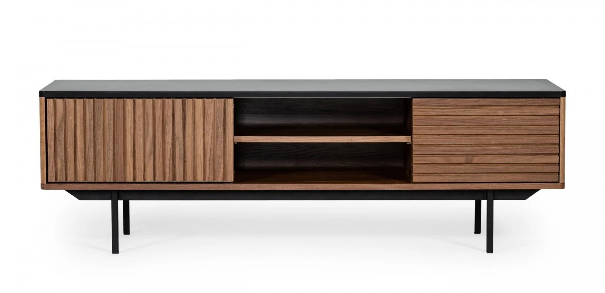 Walnut And Gray Wood Open And Enclosed Storage TV Stand By Homeroots - Image 2