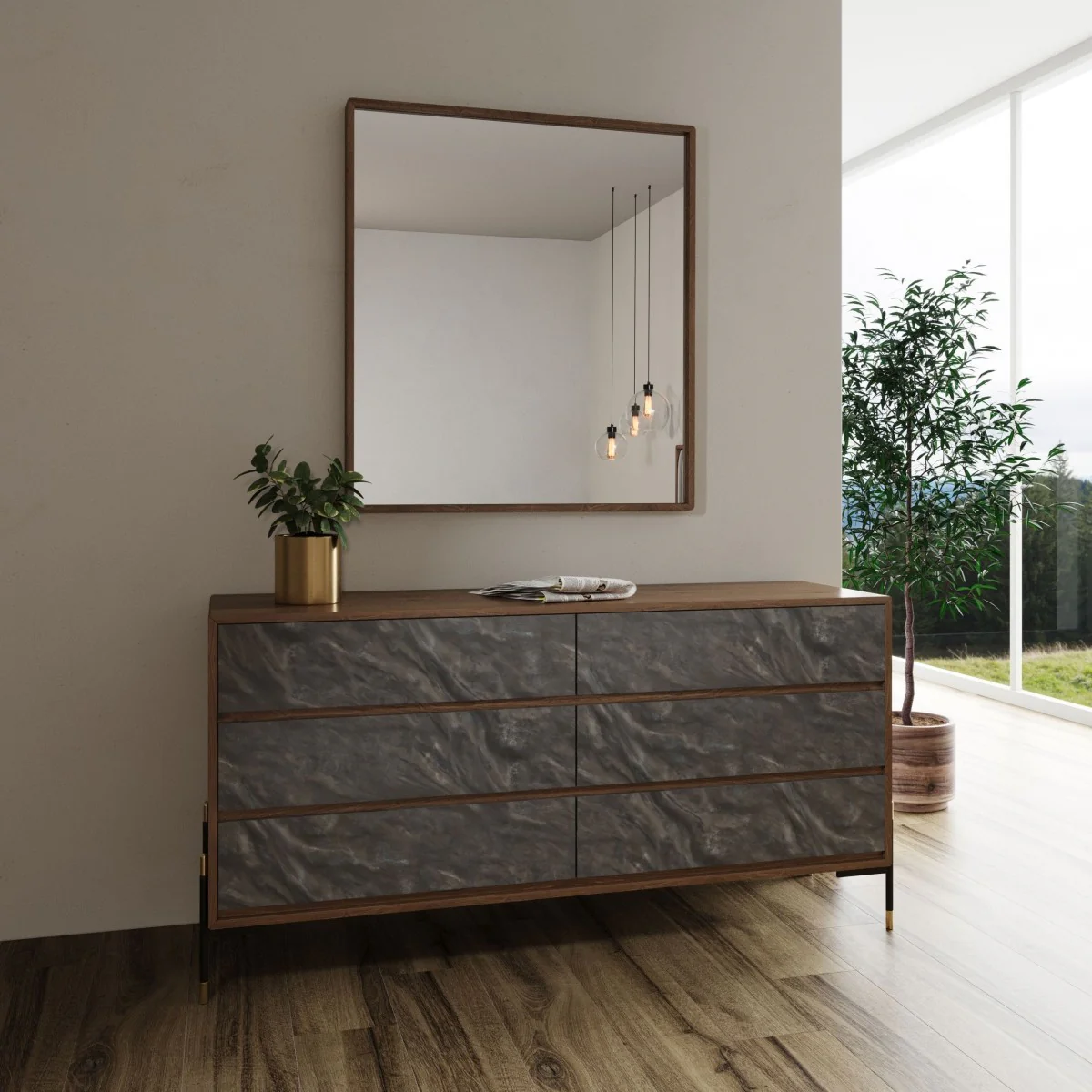 Walnut And Grey Faux Marble Wood Six Drawer Double Dresser By Homeroots - Image 2