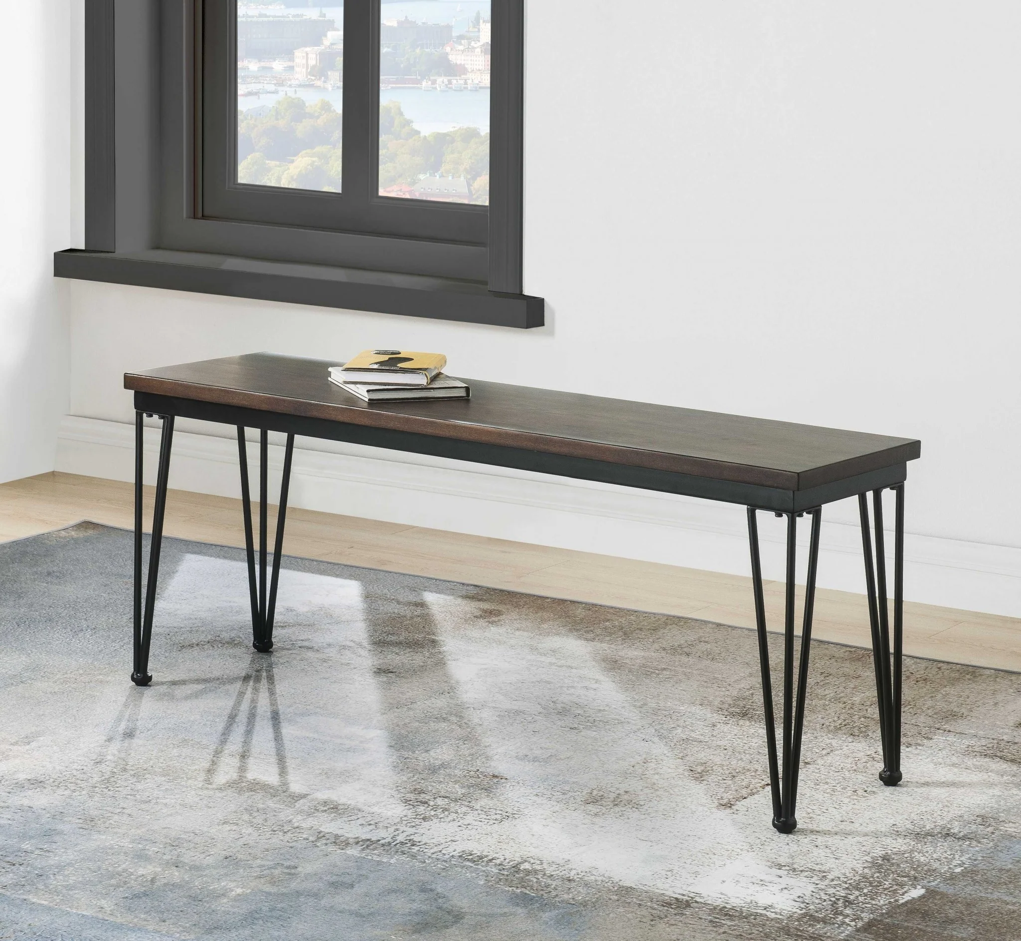 Walnut Black Metal Wood Bench By Homeroots - Image 2