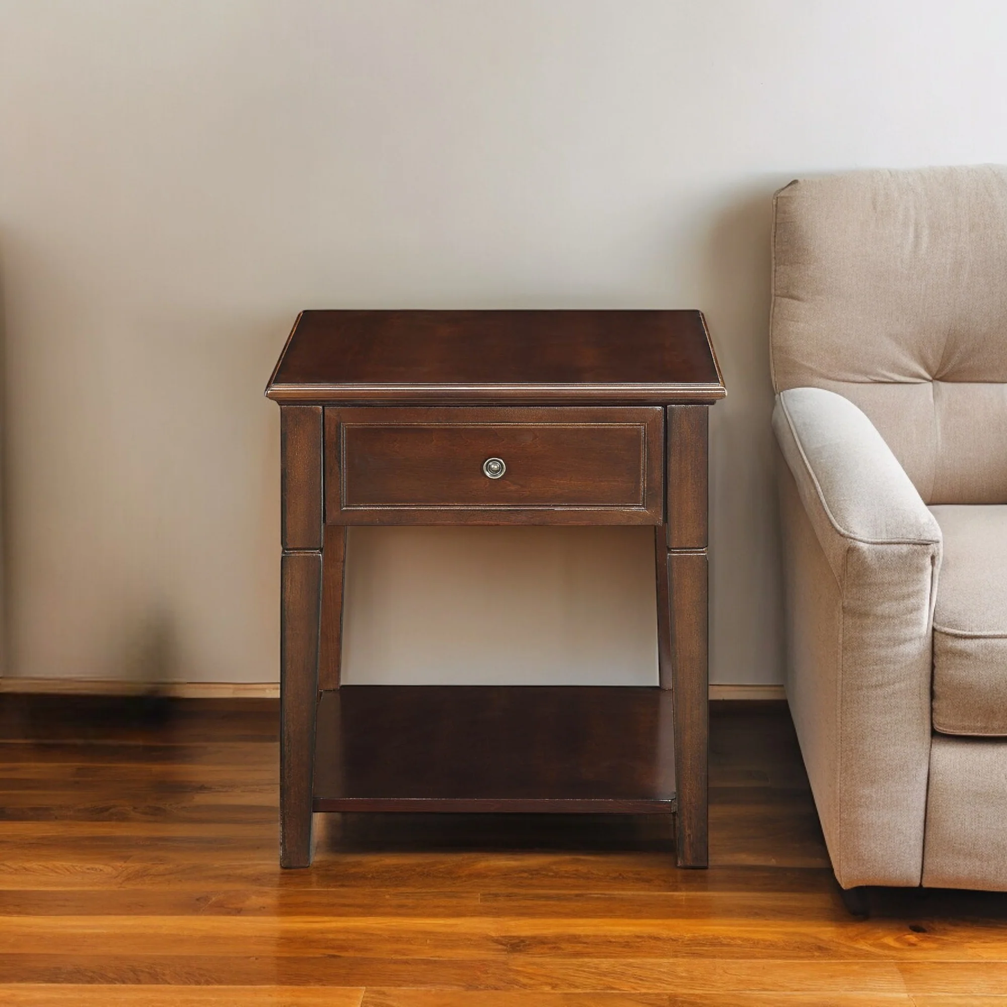 Walnut Manufactured Wood Rectangular End Table With Drawer And Shelf By Homeroots - Image 3