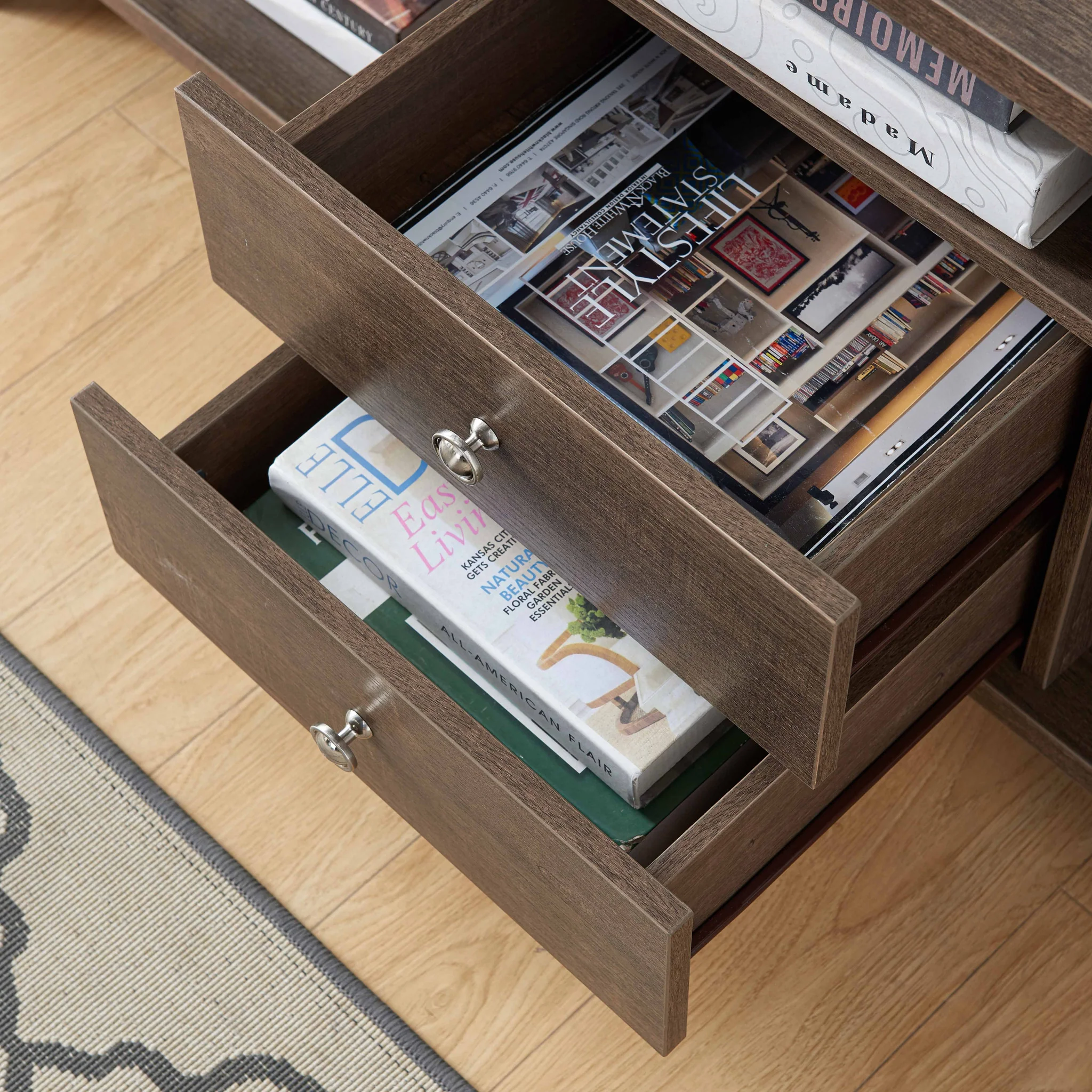 Walnut Oak Rustic Geo TV Stand with Two Center Drawer By Homeroots - Image 2