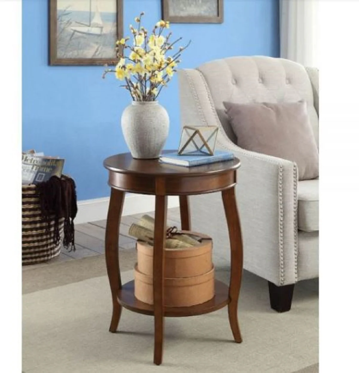 Walnut Round Wooden Side Table By Homeroots - Image 4