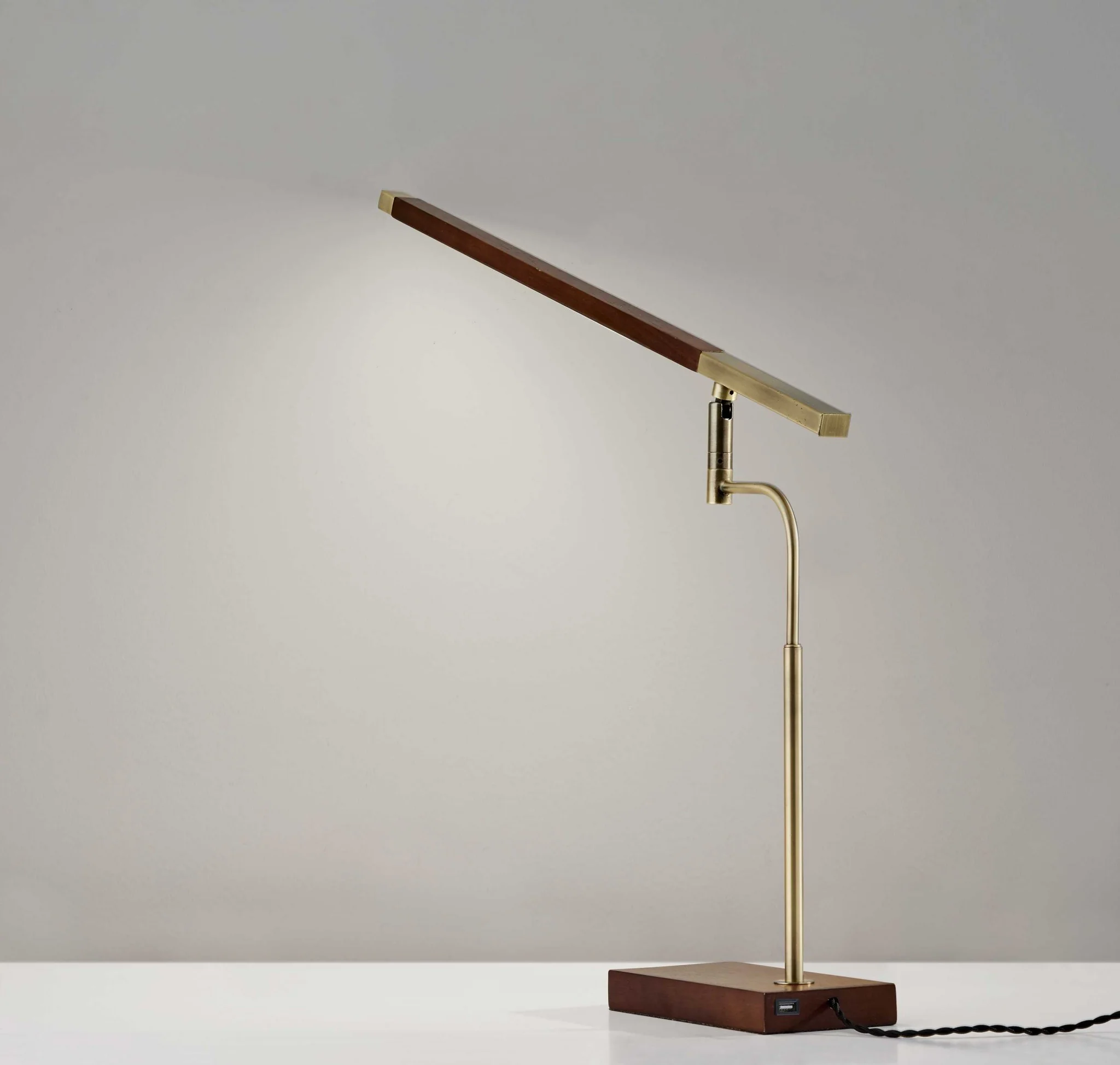 Walnut Wood Finish and Antique Brass Metal Adjustable LED Desk Lamp with USB Port By Homeroots - Image 3
