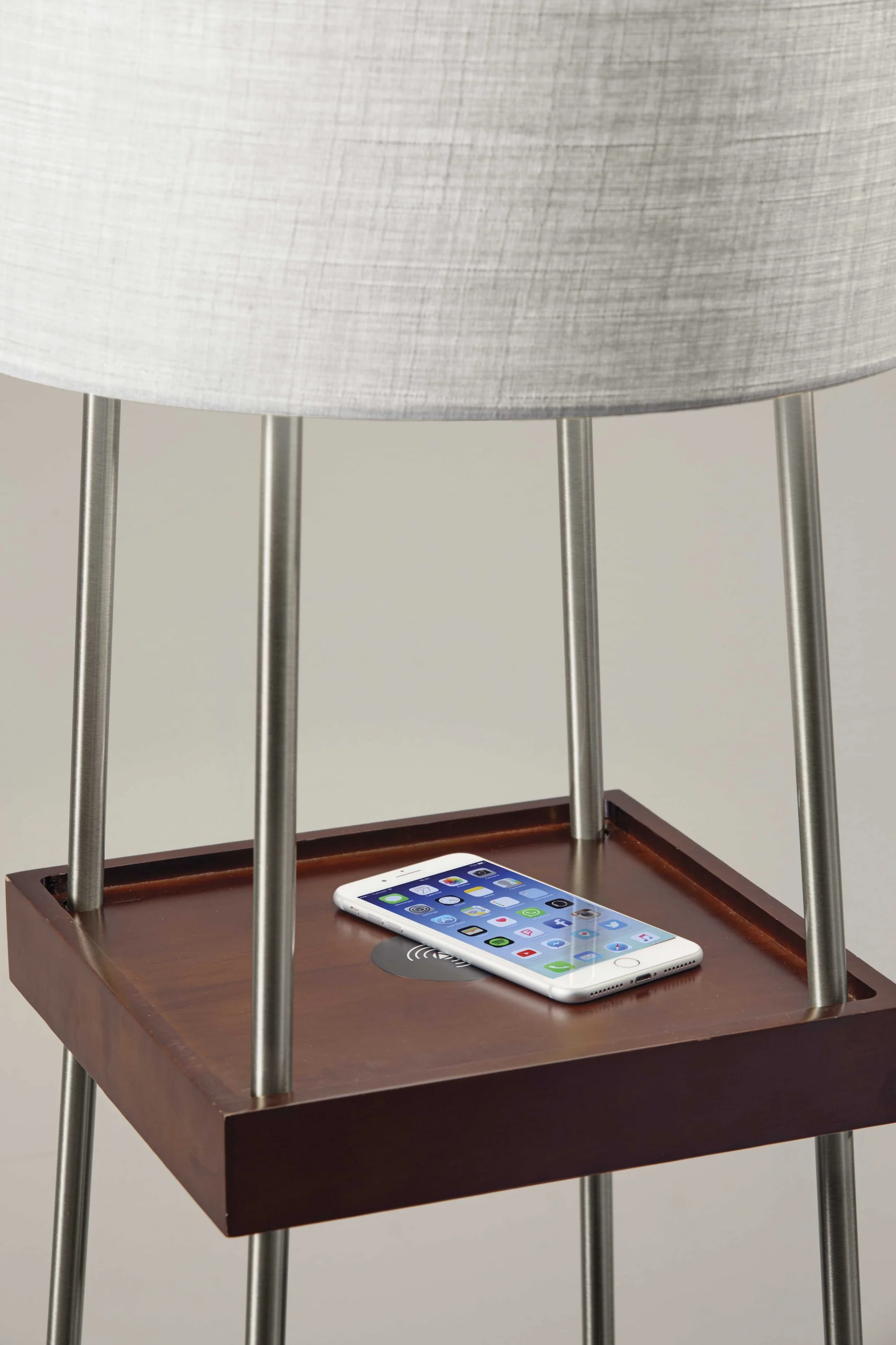 Walnut Wood Metal Shelf Floor Lamp with Charging Station By Homeroots - Image 2