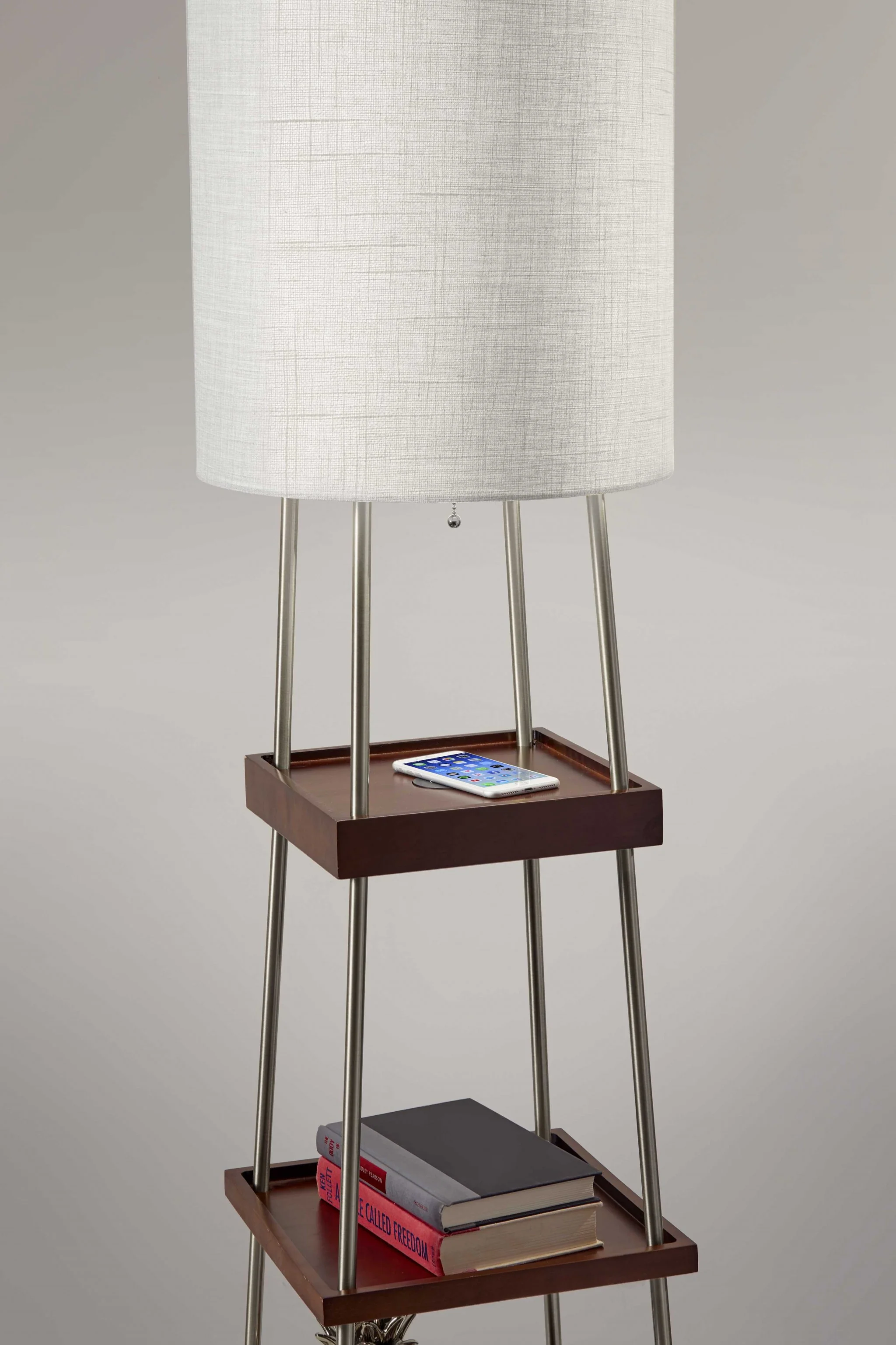Walnut Wood Metal Shelf Floor Lamp with Charging Station By Homeroots - Image 3