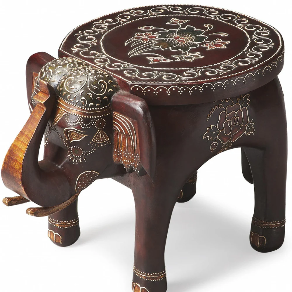 Warm Brown Hand Painted Floral 3D Elephant End Table By Homeroots - Image 2