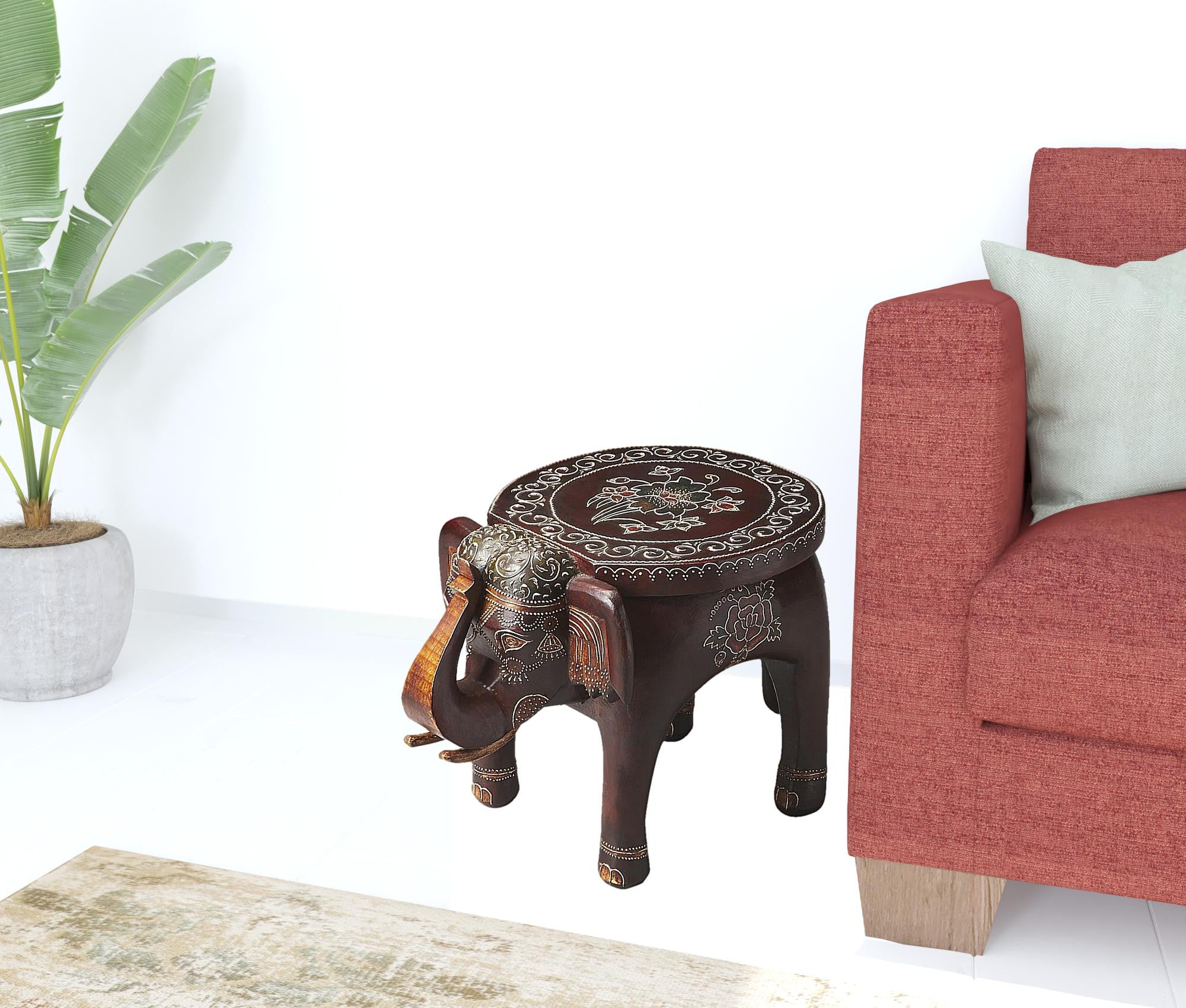 Warm Brown Hand Painted Floral 3D Elephant End Table By Homeroots - Image 3