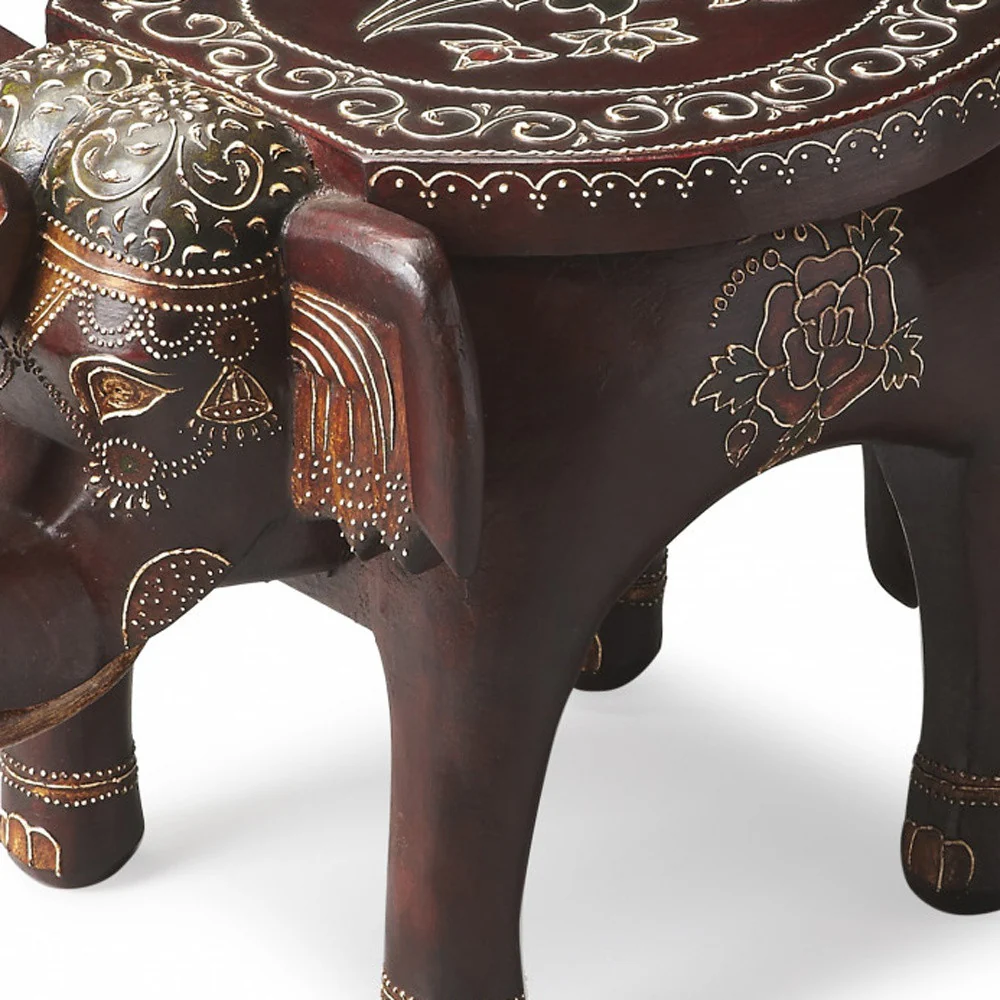 Warm Brown Hand Painted Floral 3D Elephant End Table By Homeroots - Image 4