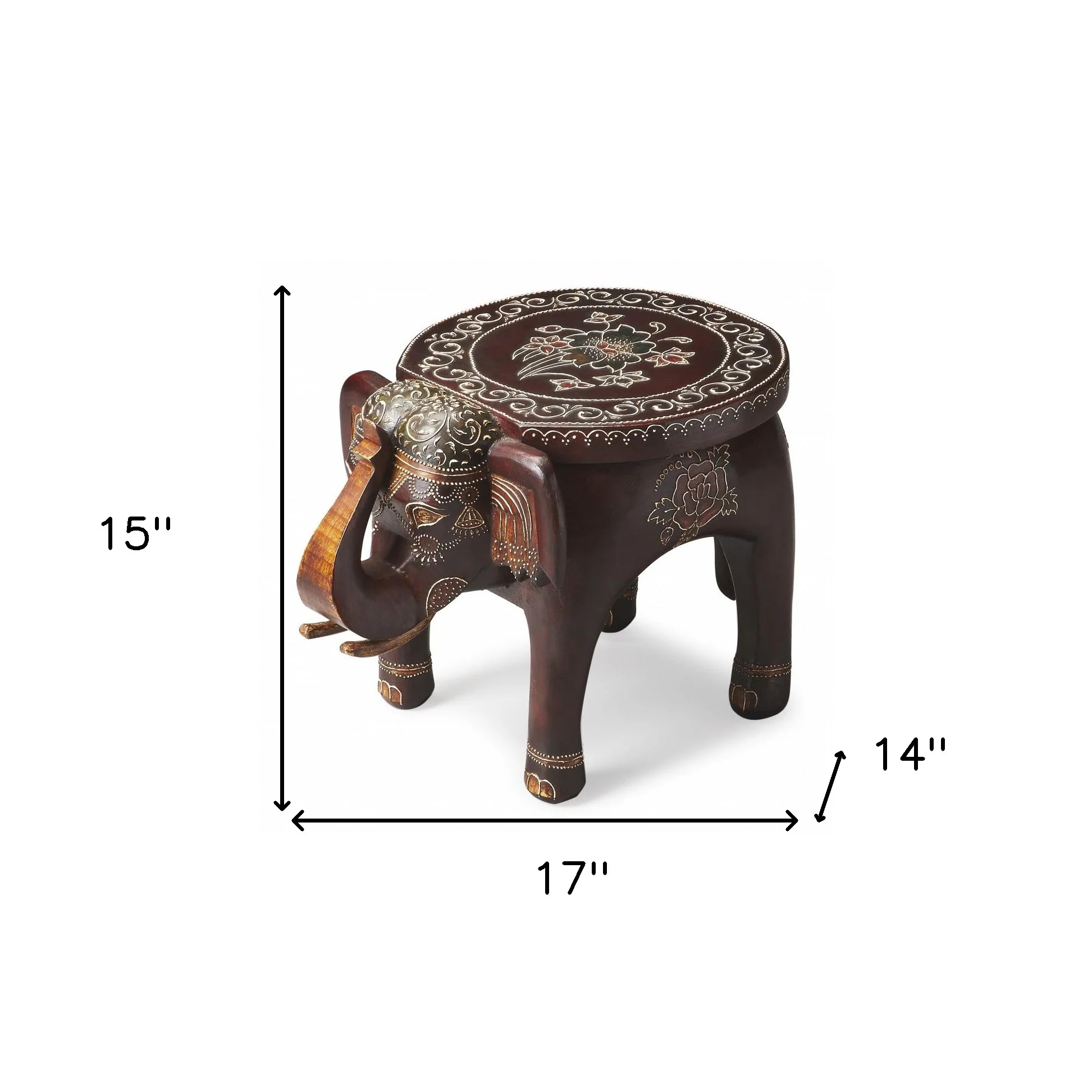 Warm Brown Hand Painted Floral 3D Elephant End Table By Homeroots - Image 6