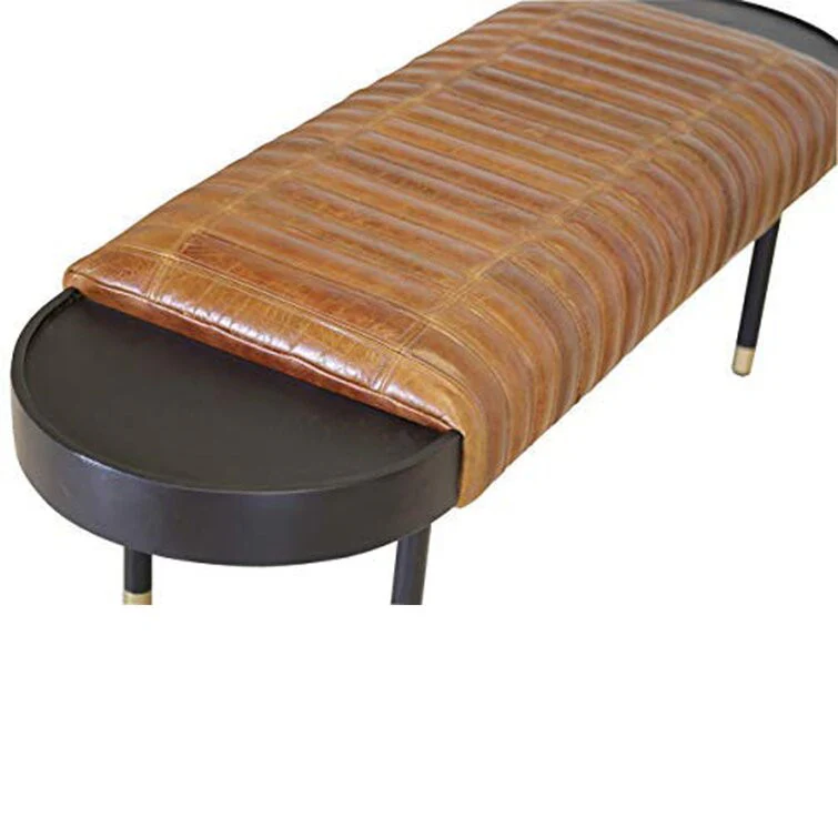 Warm Brown Leather and Solid Wood Bench By Homeroots - Image 3