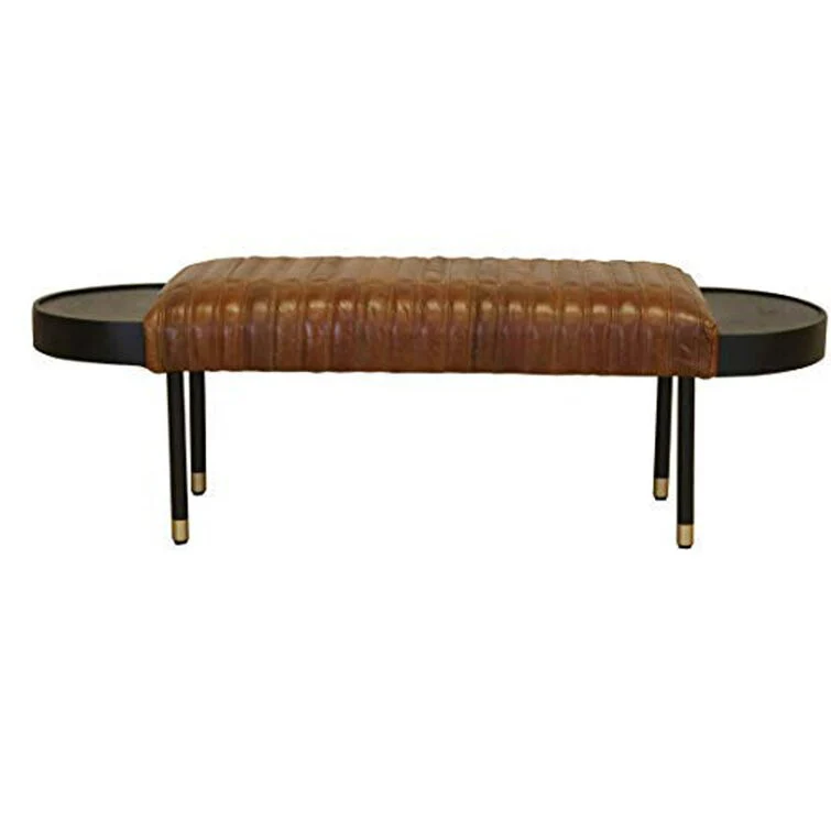 Warm Brown Leather and Solid Wood Bench By Homeroots - Image 4