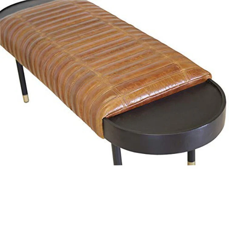 Warm Brown Leather and Solid Wood Bench By Homeroots - Image 5