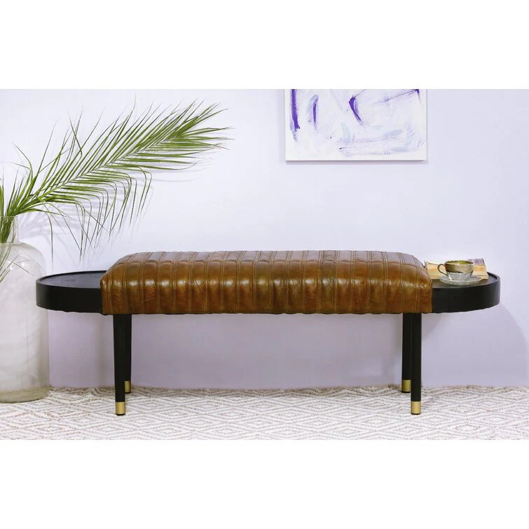 Warm Brown Leather and Solid Wood Bench By Homeroots - Image 8