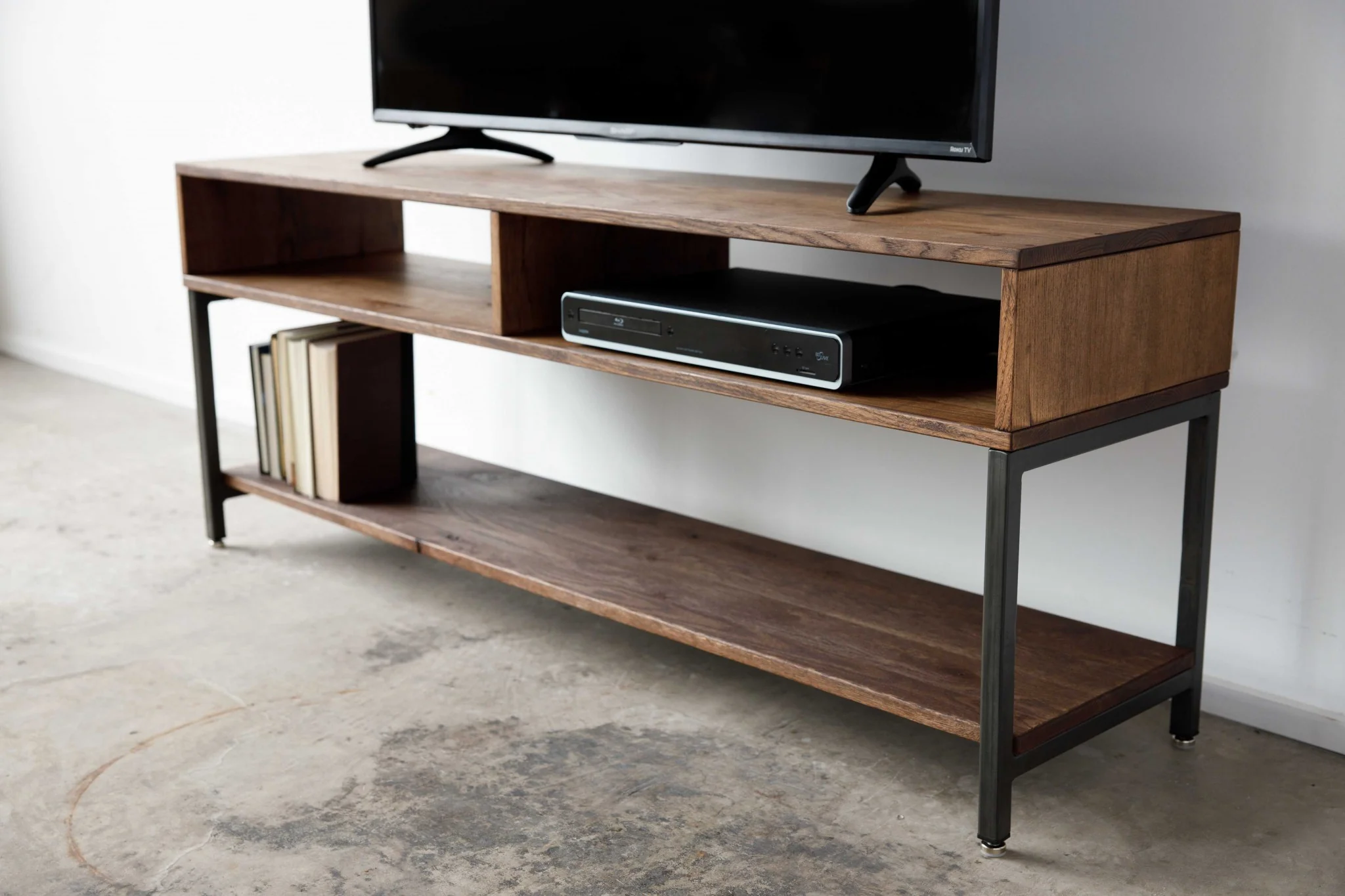 Warm Dark Finish Maple And Steel TV Stand and Media Center By Homeroots - Image 2