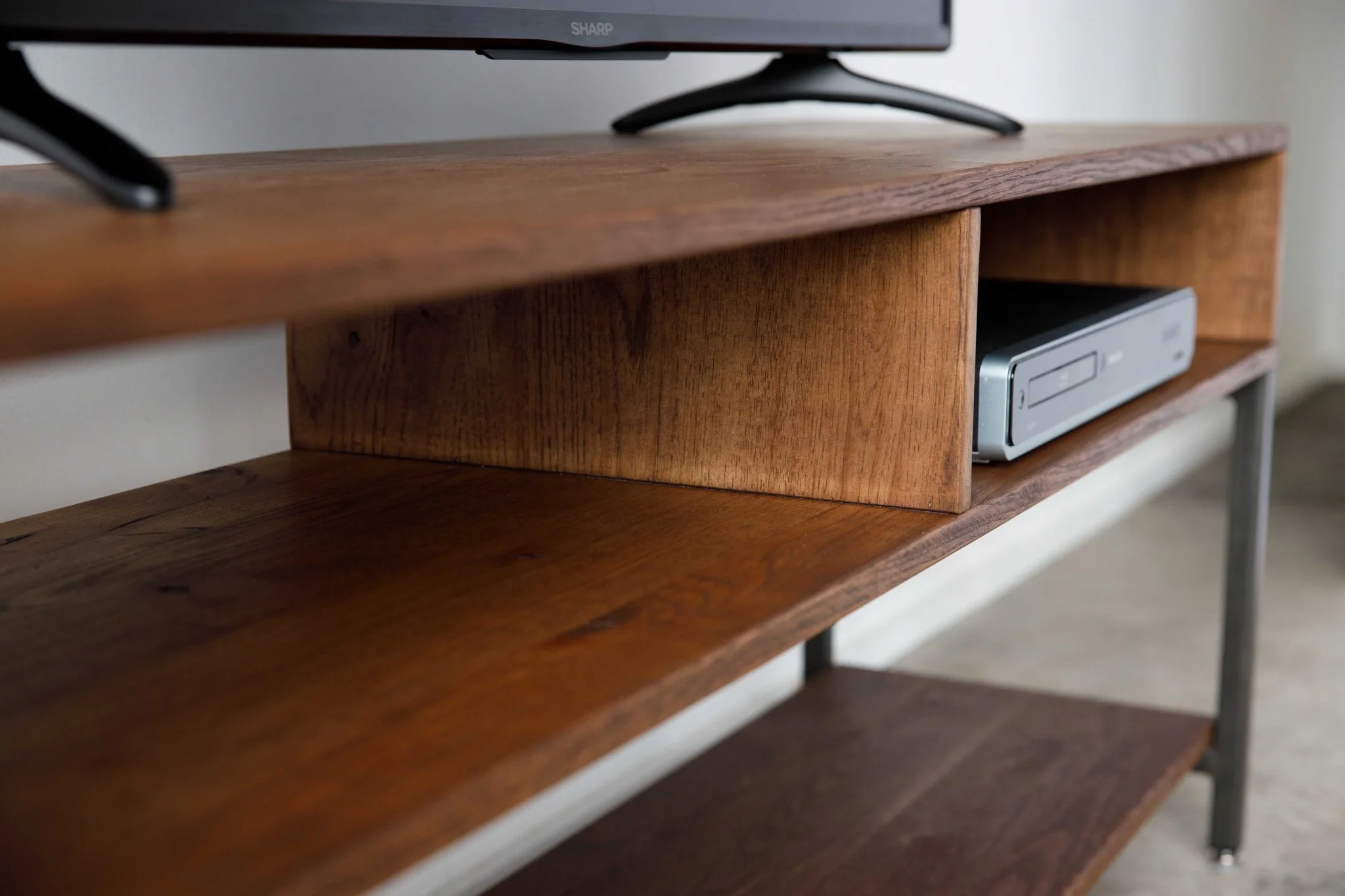 Warm Dark Finish Maple And Steel TV Stand and Media Center By Homeroots - Image 3