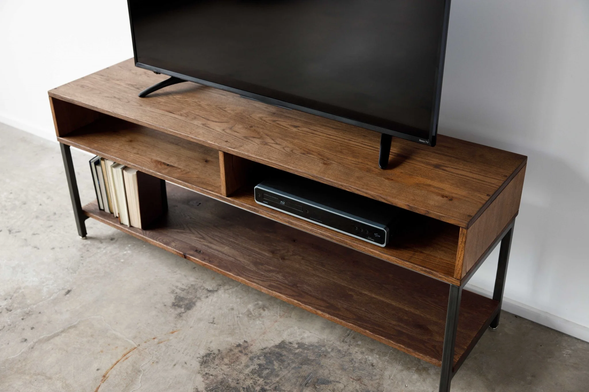 Warm Dark Finish Maple And Steel TV Stand and Media Center By Homeroots - Image 4
