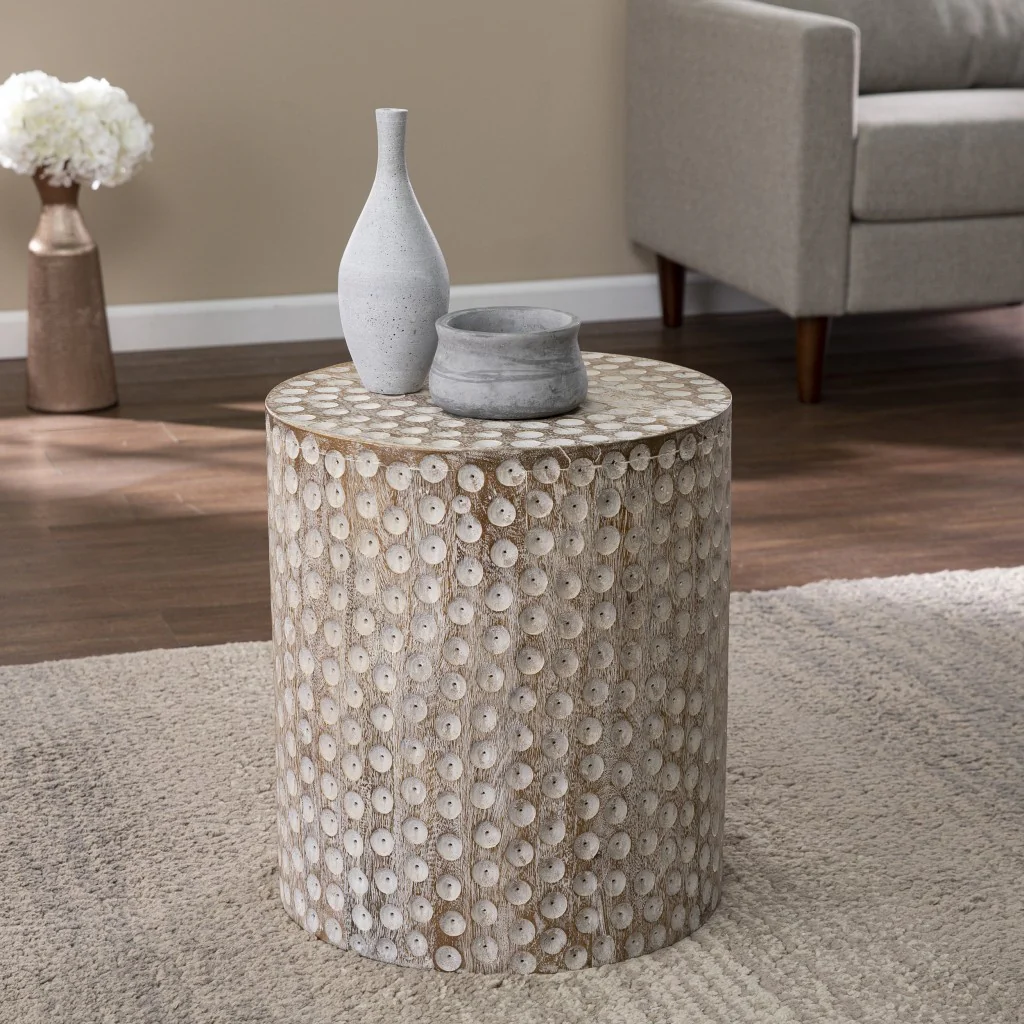 Washed White Solid Wood Round End Table By Homeroots - Image 7