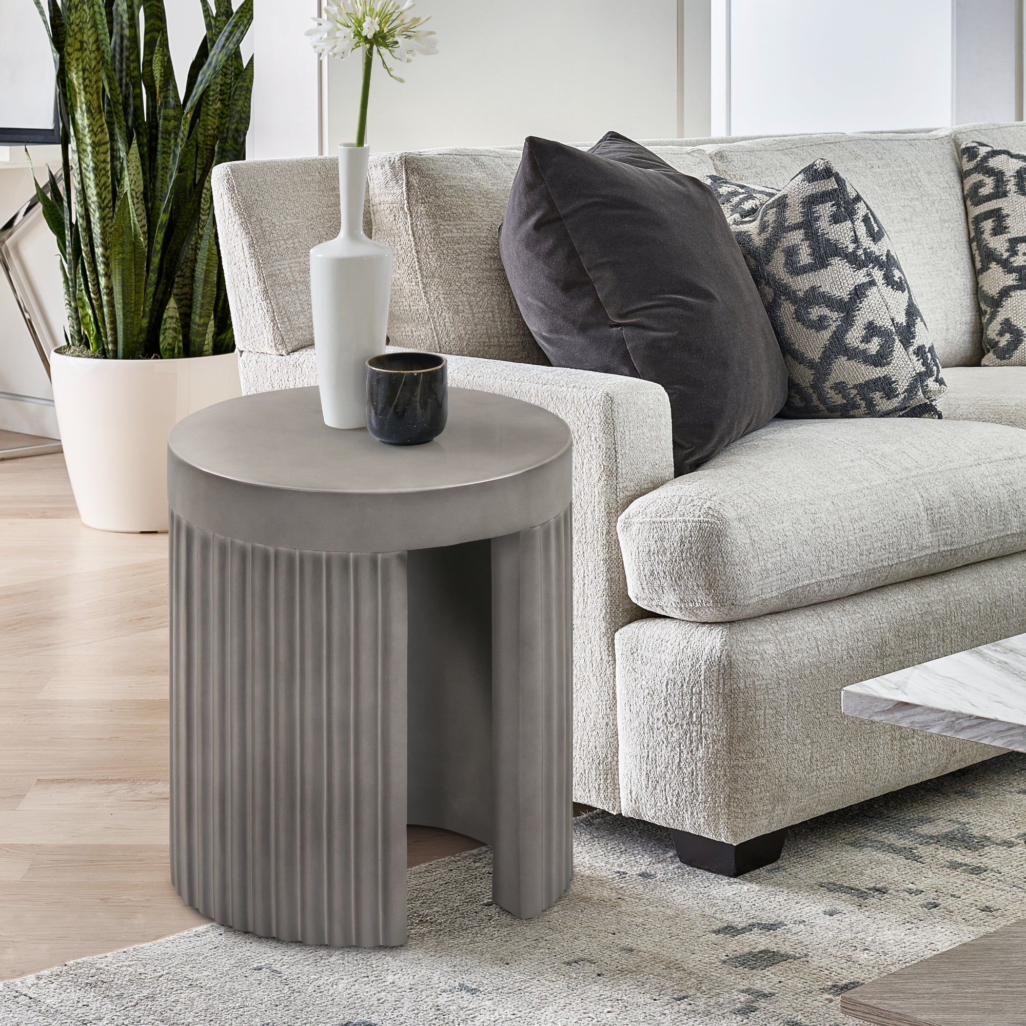 Wave Round Indoor or Outdoor Accent Stool End Table in Grey Concrete By Armen Living - Image 3