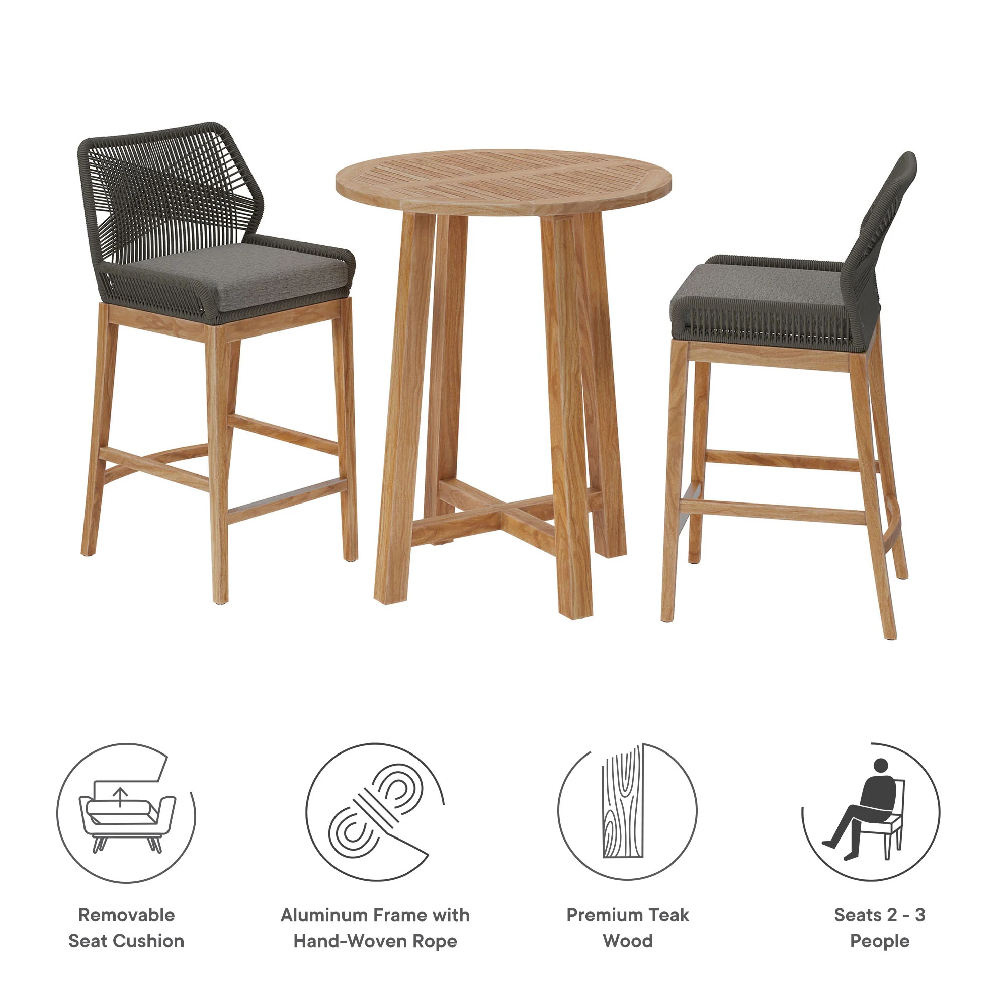 Wellspring 3-Piece Outdoor Patio Teak Wood Bar Set by Modway - Image 10