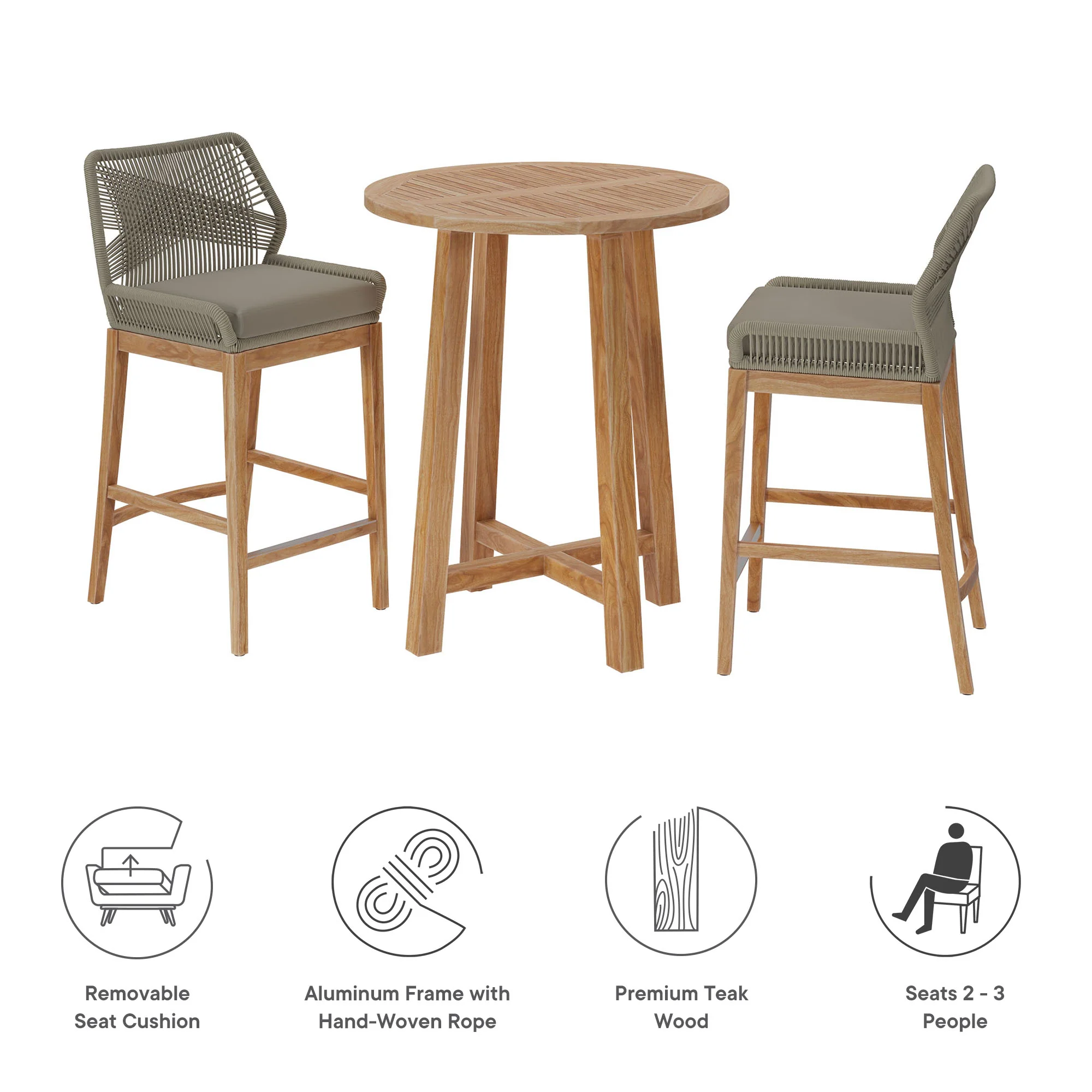 Wellspring 3-Piece Outdoor Patio Teak Wood Bar Set by Modway - Image 16