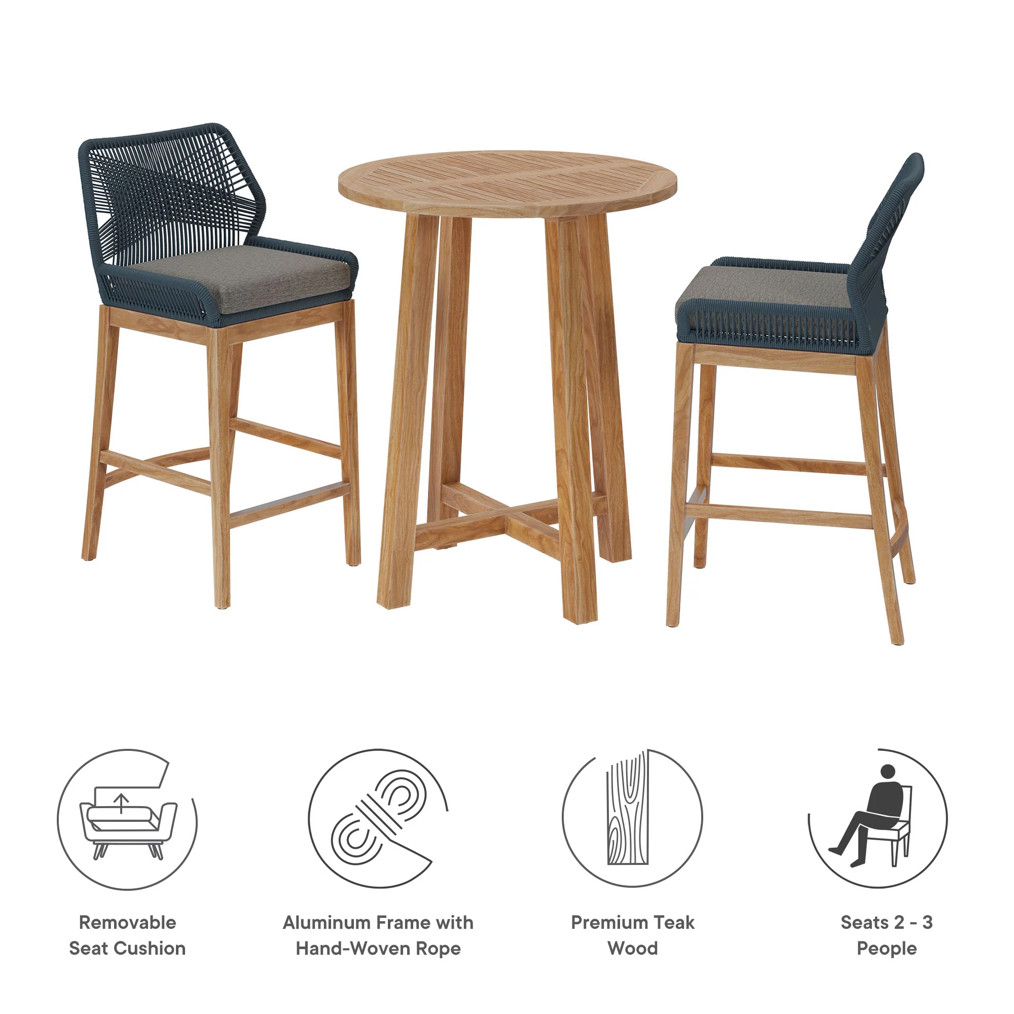 Wellspring 3-Piece Outdoor Patio Teak Wood Bar Set by Modway - Image 4