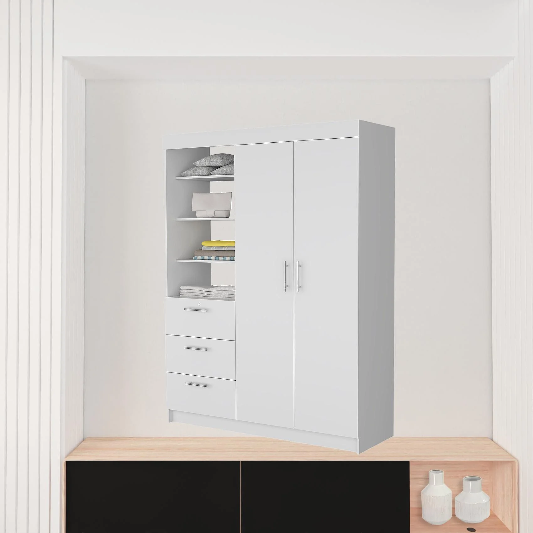 White Accent Cabinet Soft Close With Three Shelves And Three Drawers By Homeroots - Image 4