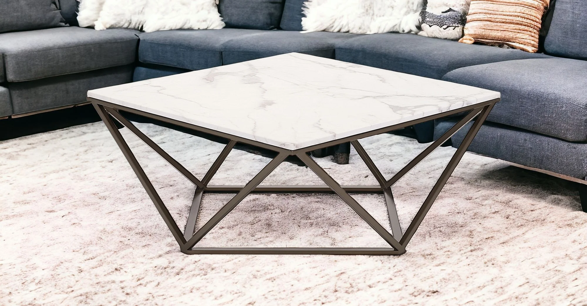 White and Antiqued Brass Faux Marble And Steel Square Abstract Coffee Table By Homeroots - Image 2