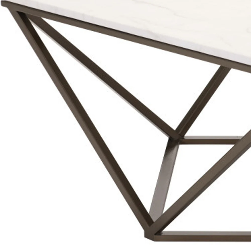 White and Antiqued Brass Faux Marble And Steel Square Abstract Coffee Table By Homeroots - Image 3