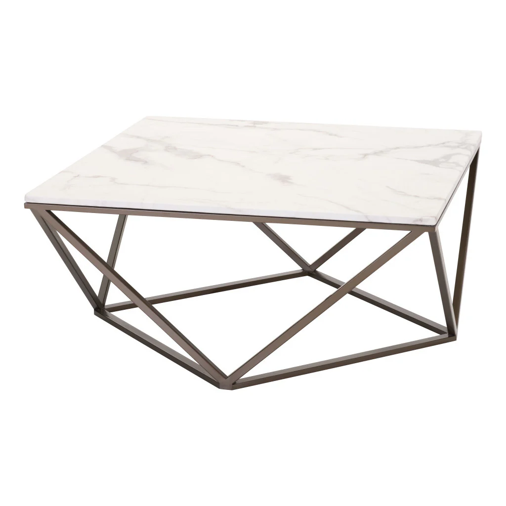White and Antiqued Brass Faux Marble And Steel Square Abstract Coffee Table By Homeroots - Image 4