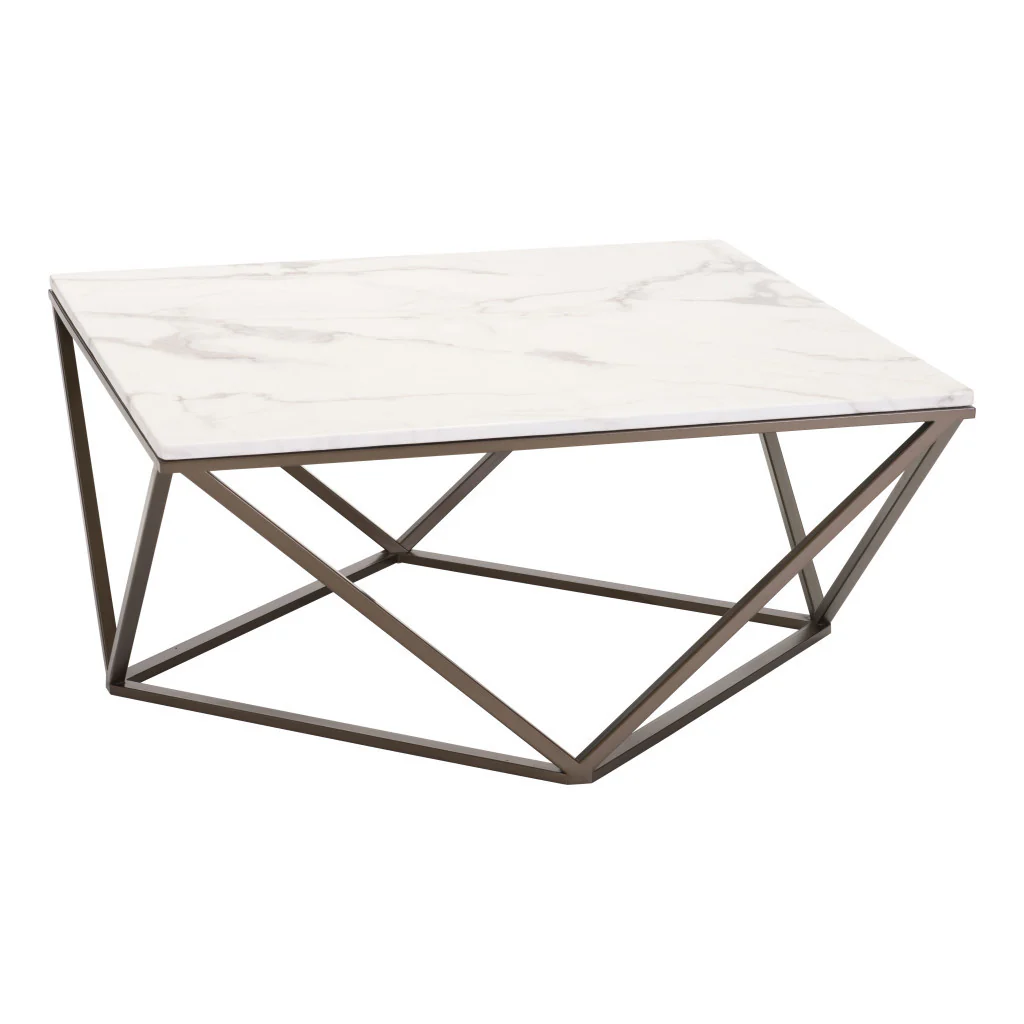White and Antiqued Brass Faux Marble And Steel Square Abstract Coffee Table By Homeroots - Image 5