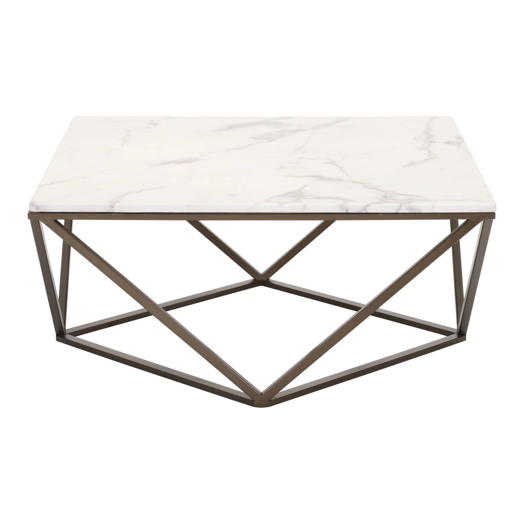 White and Antiqued Brass Faux Marble And Steel Square Abstract Coffee Table By Homeroots - Image 6