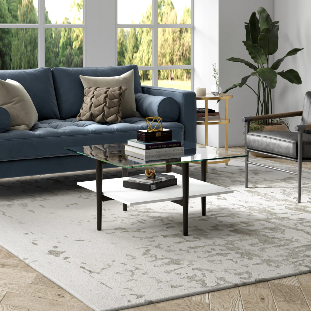 White And Black Glass And Steel Square Coffee Table With Shelf By Homeroots - Image 5