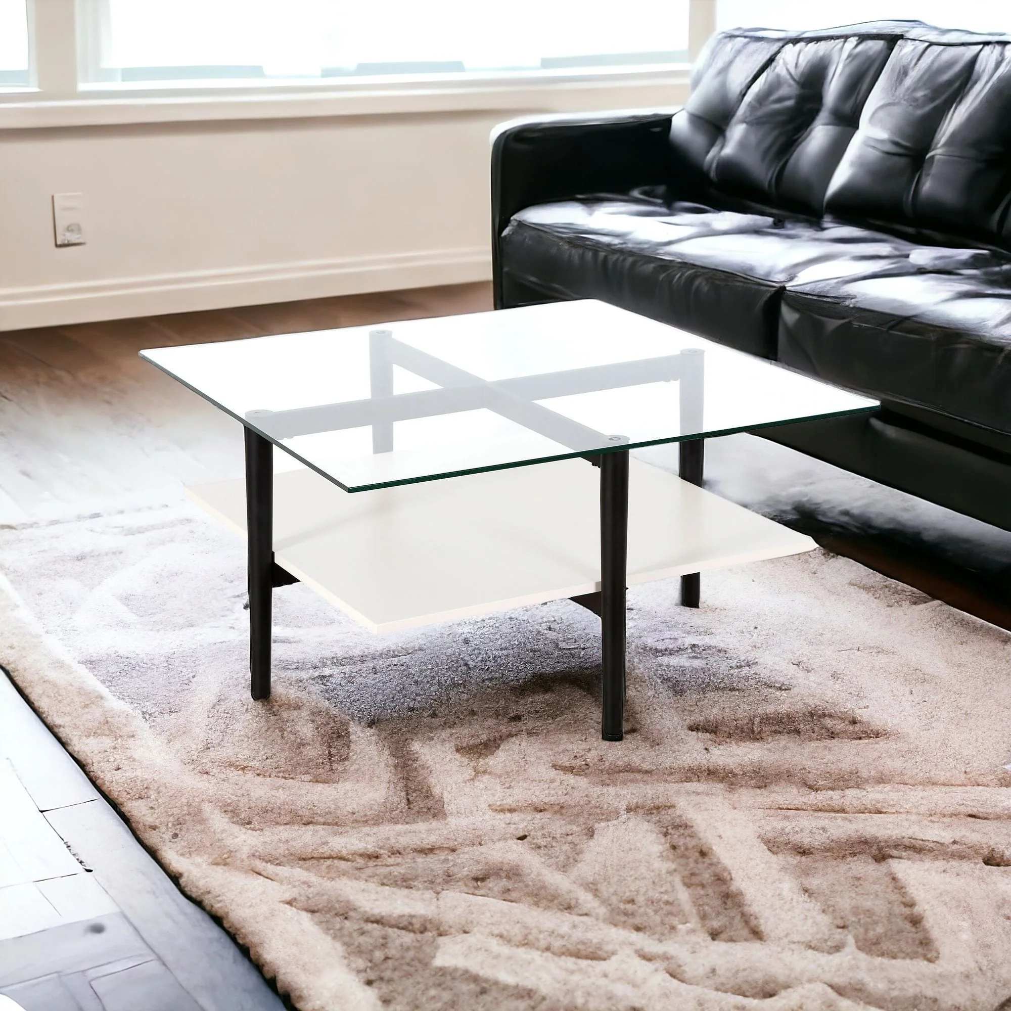 White And Black Glass And Steel Square Coffee Table With Shelf By Homeroots - Image 6