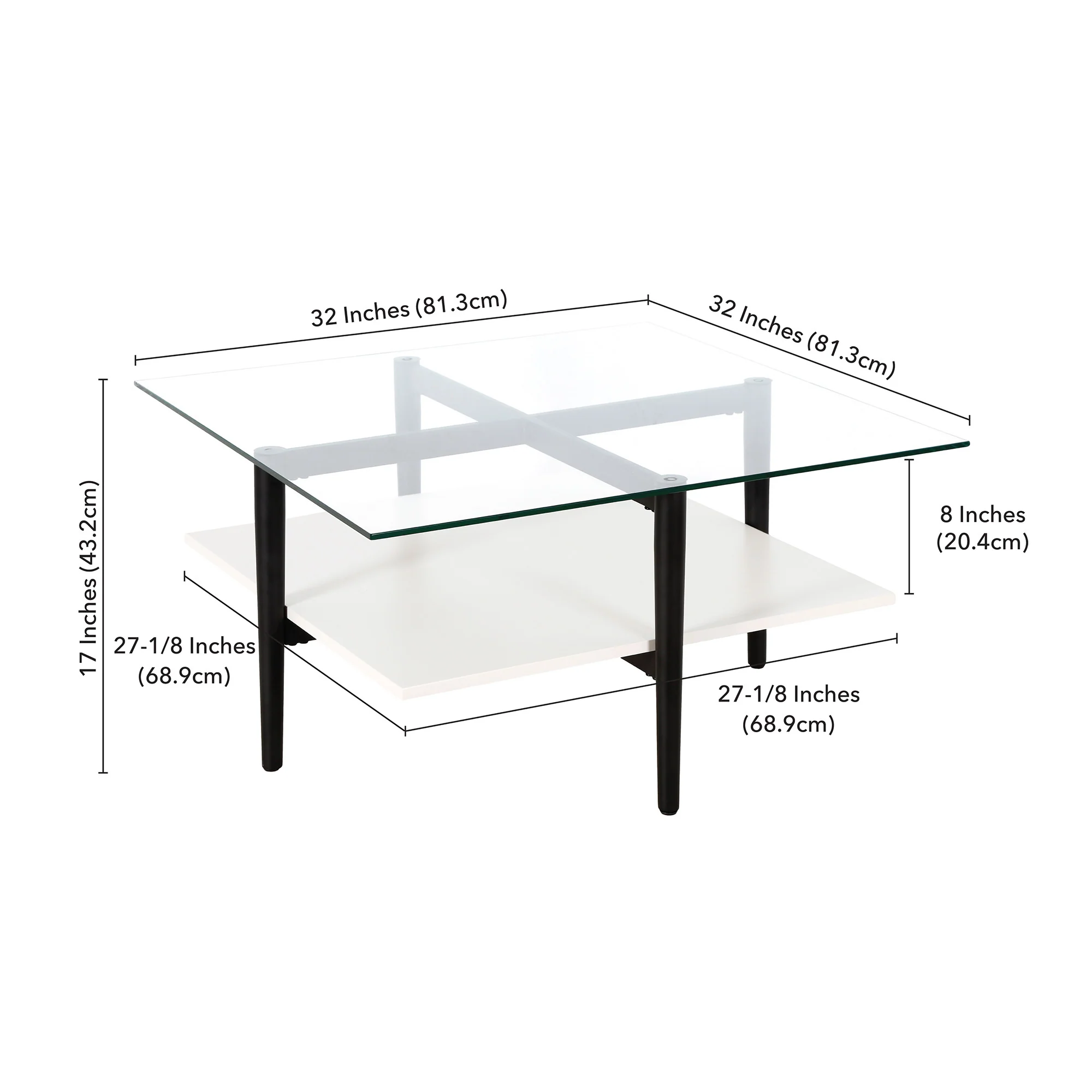 White And Black Glass And Steel Square Coffee Table With Shelf By Homeroots - Image 8