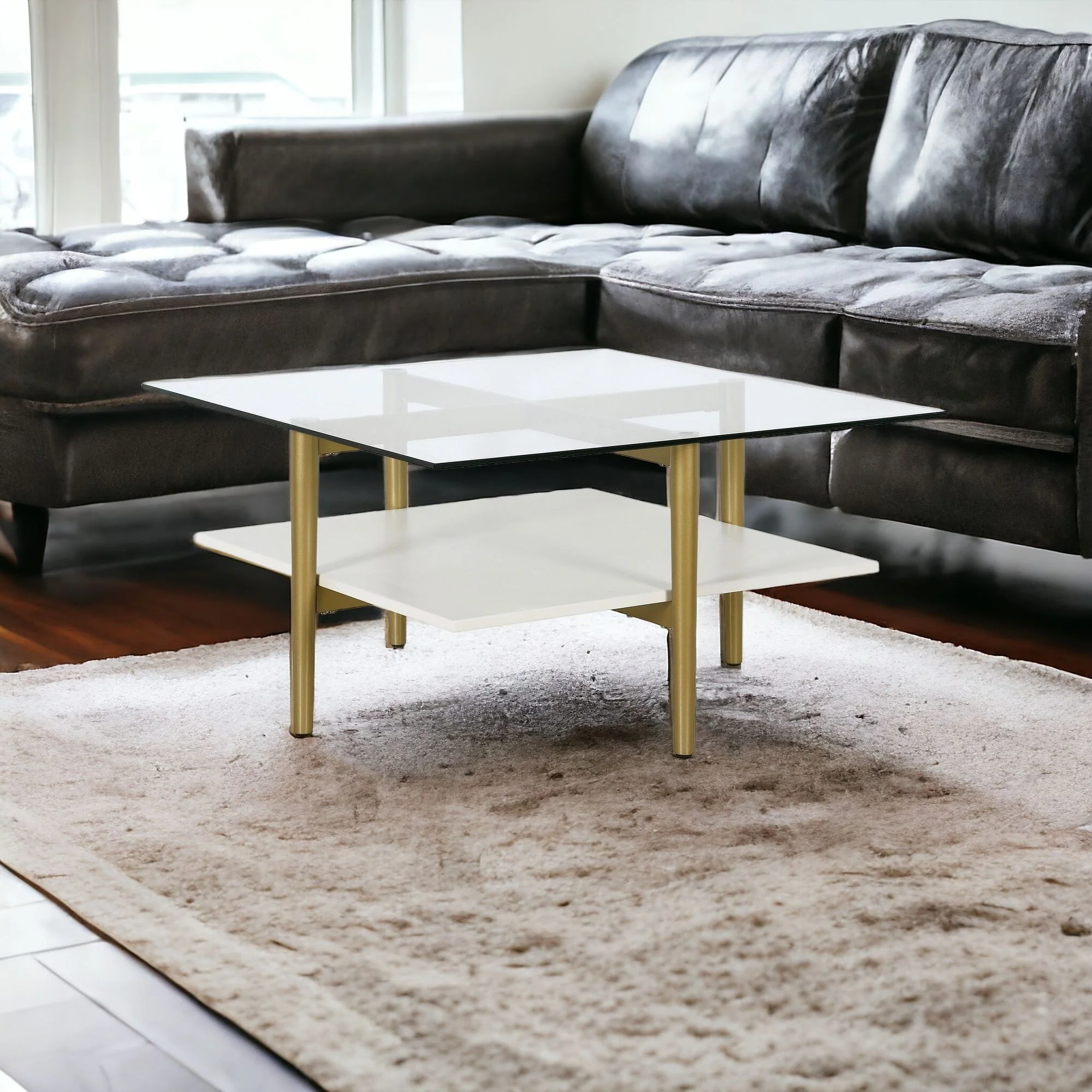 White And Gold Glass And Steel Square Coffee Table With Shelf By Homeroots - Image 2