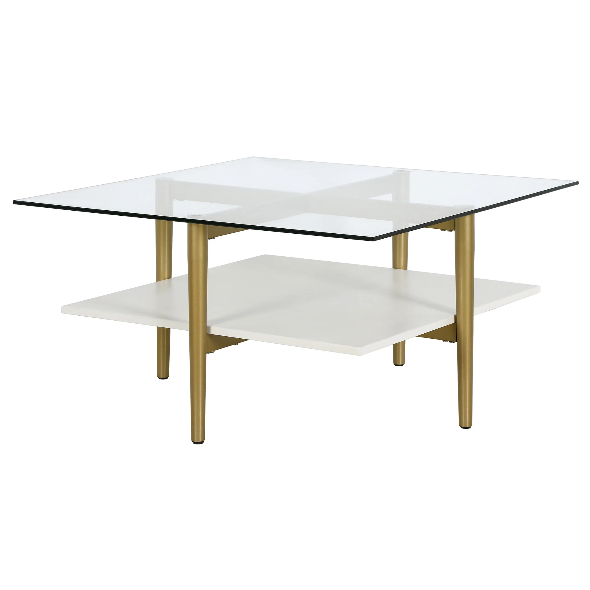White And Gold Glass And Steel Square Coffee Table With Shelf By Homeroots - Image 4