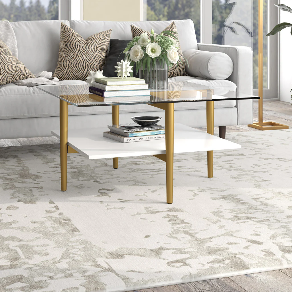 White And Gold Glass And Steel Square Coffee Table With Shelf By Homeroots - Image 5