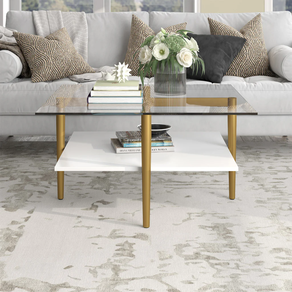 White And Gold Glass And Steel Square Coffee Table With Shelf By Homeroots - Image 7