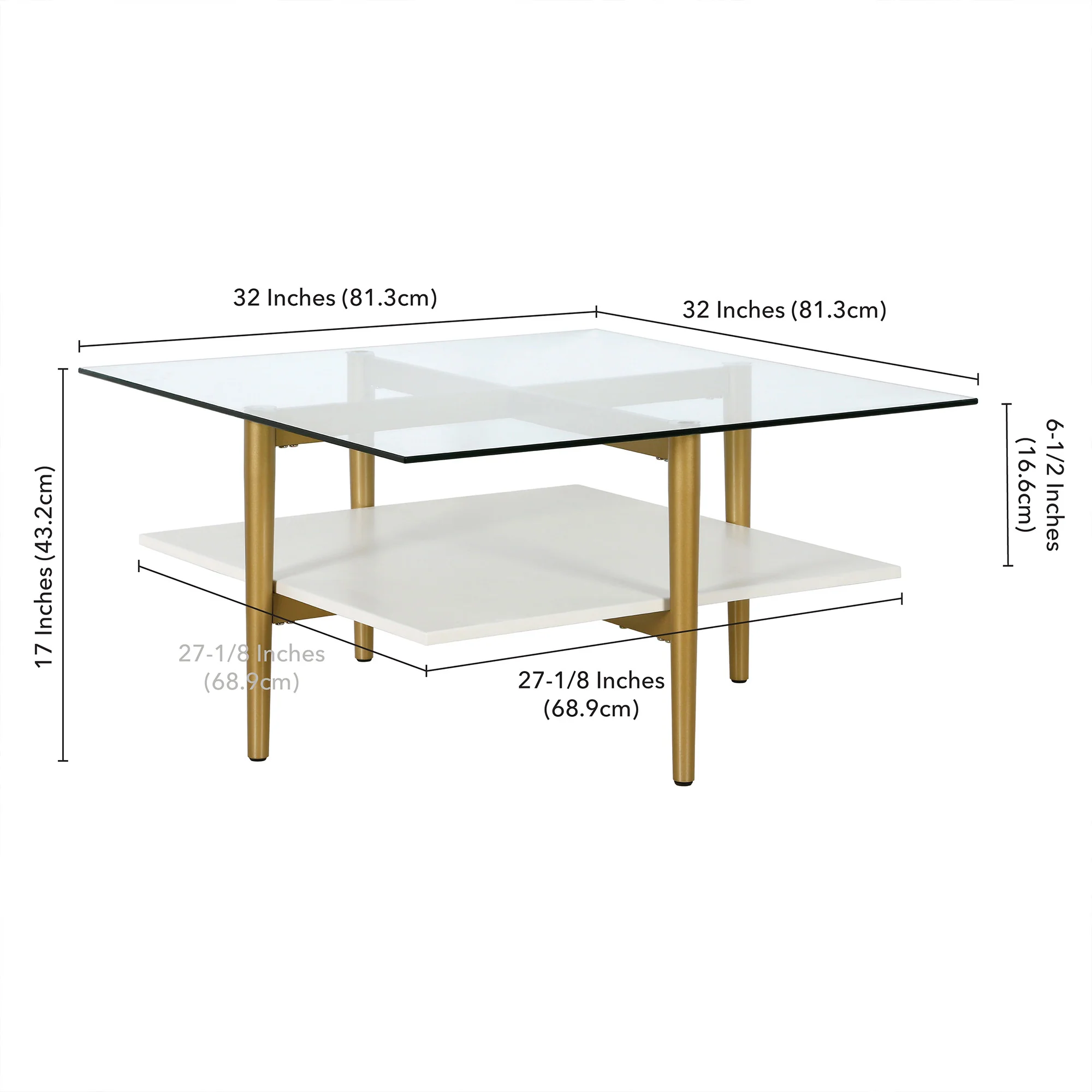 White And Gold Glass And Steel Square Coffee Table With Shelf By Homeroots - Image 8