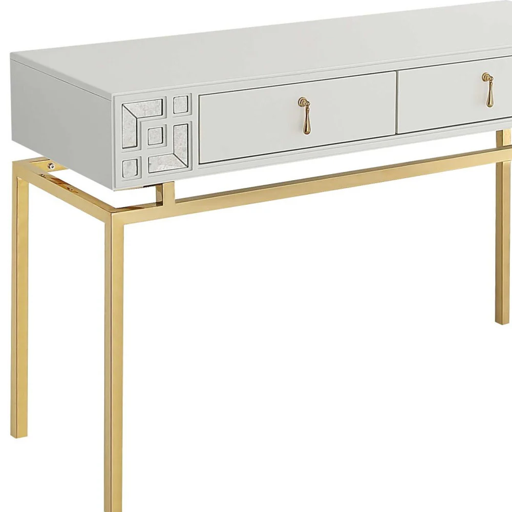 White and Gold Mirrored Wood Console Table With Two Drawers By Homeroots - Image 2