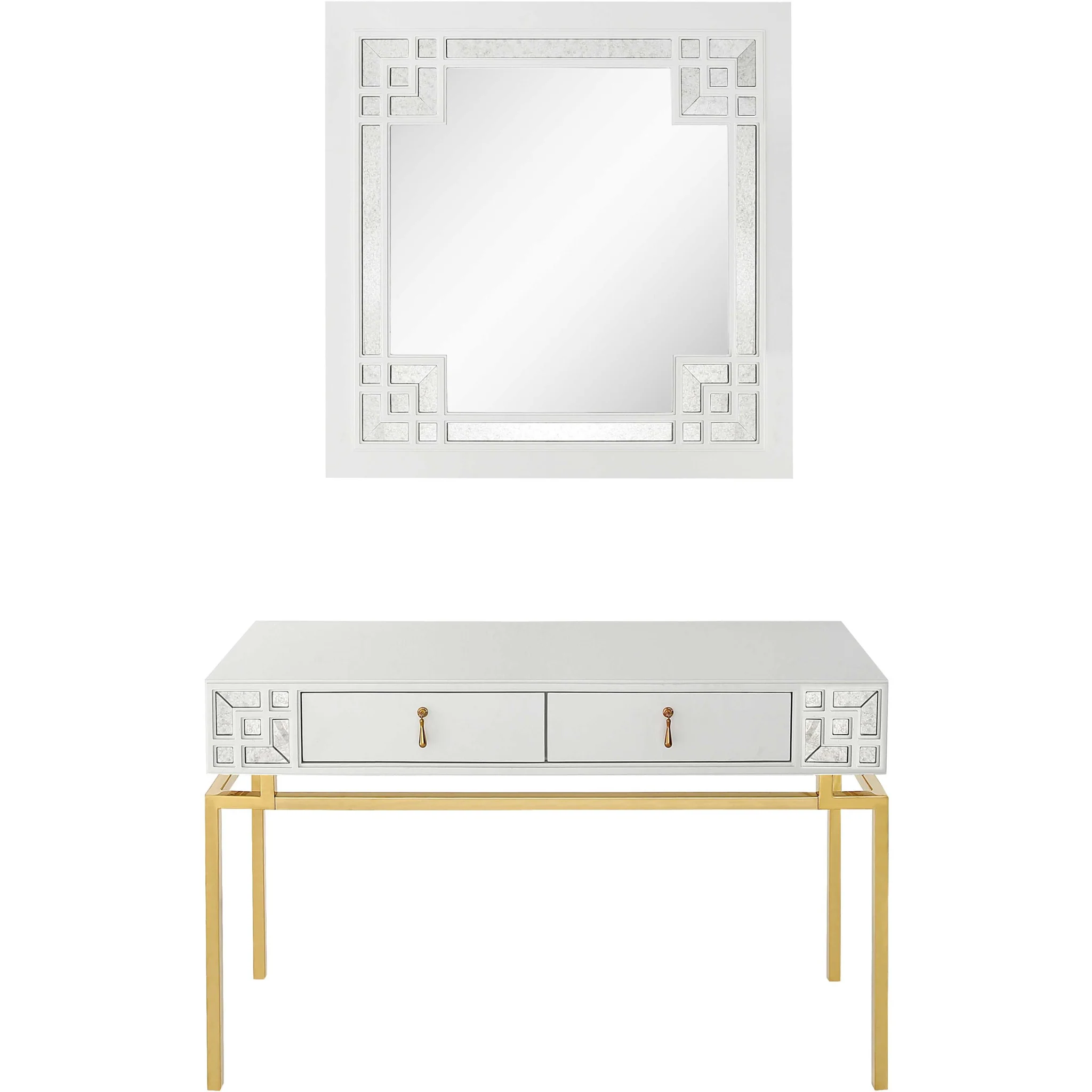 White and Gold Mirrored Wood Console Table With Two Drawers By Homeroots - Image 3