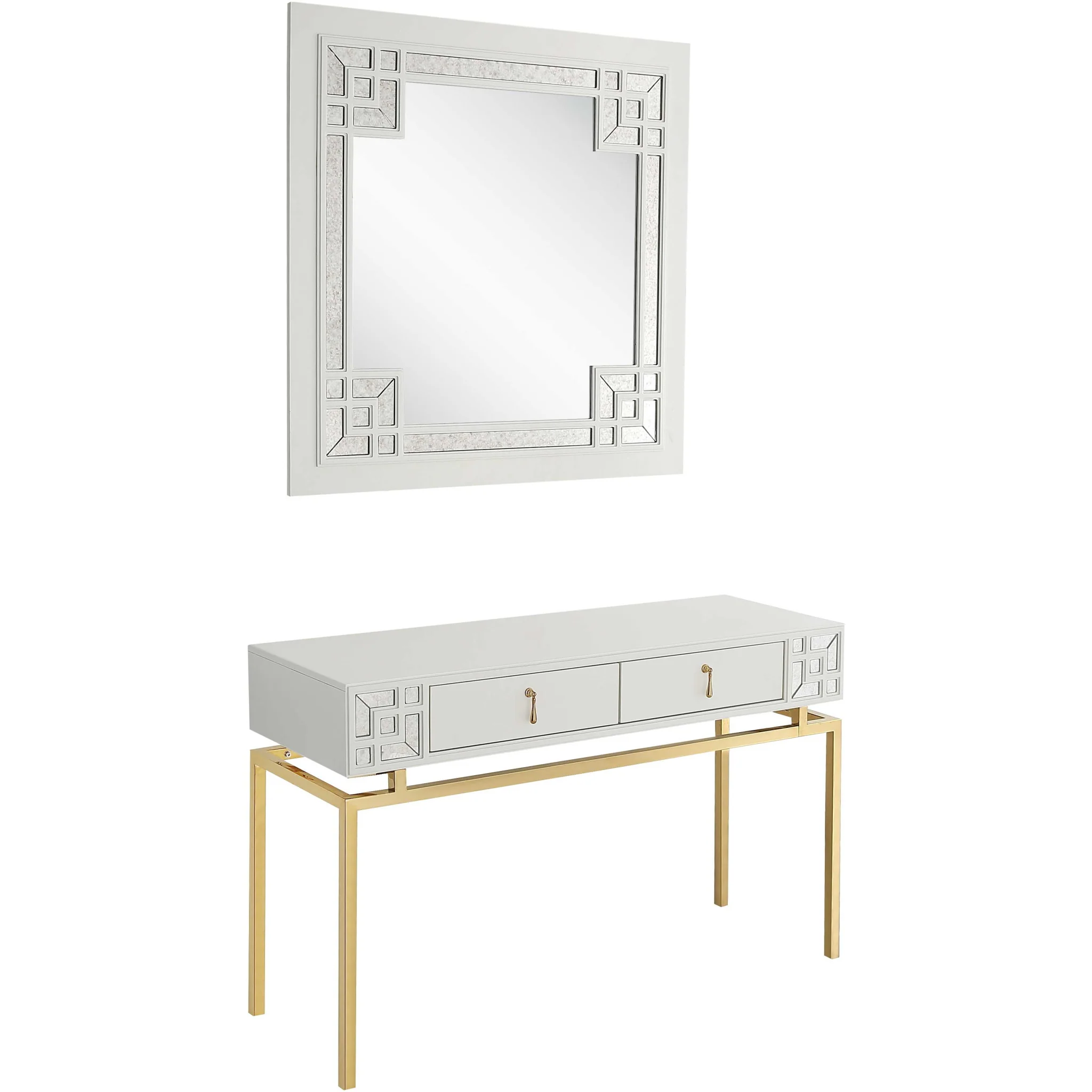 White and Gold Mirrored Wood Console Table With Two Drawers By Homeroots - Image 4