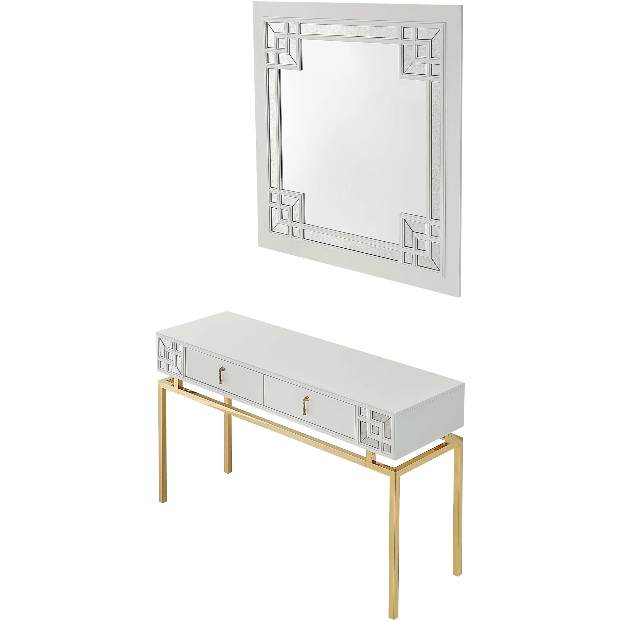 White and Gold Mirrored Wood Console Table With Two Drawers By Homeroots - Image 5