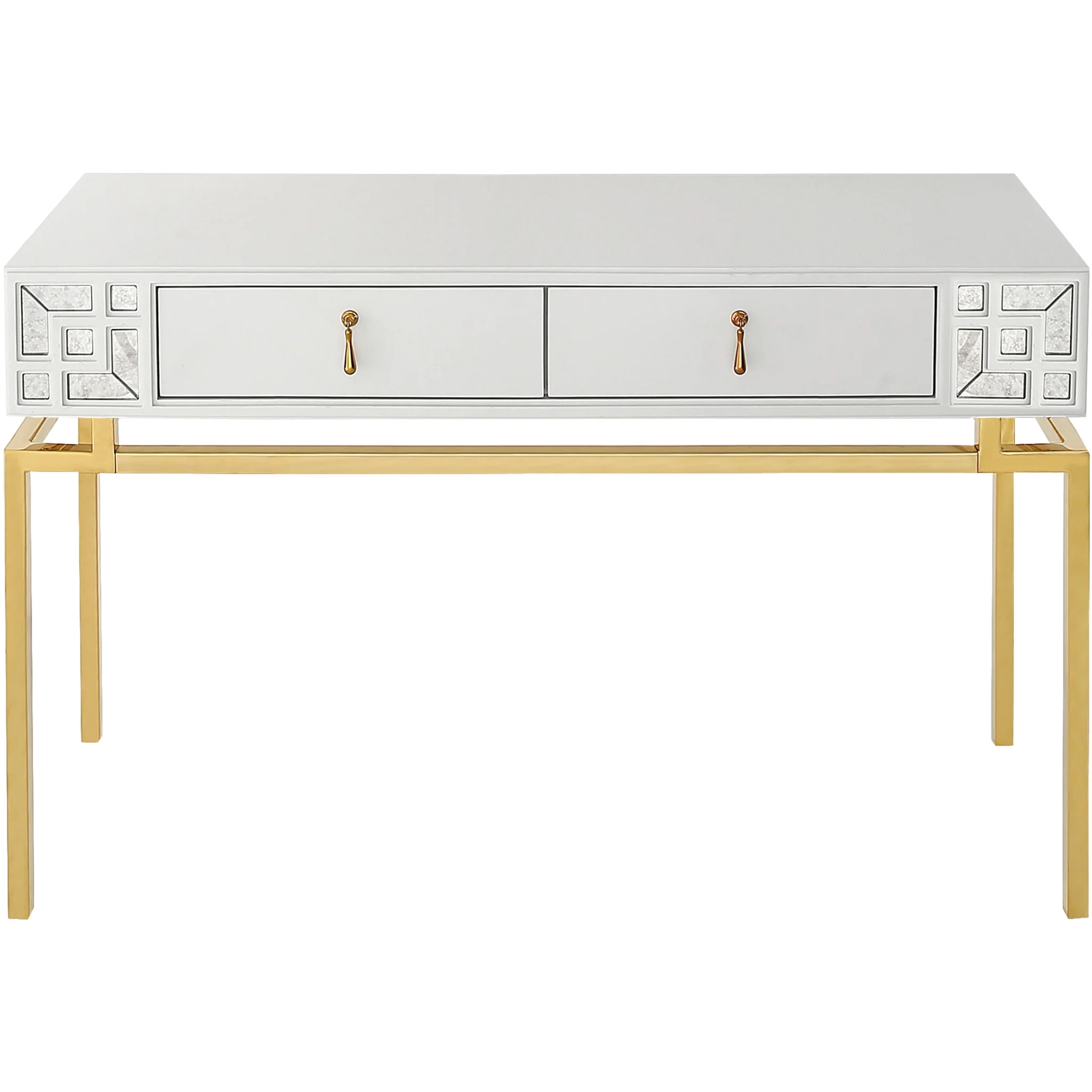 White and Gold Mirrored Wood Console Table With Two Drawers By Homeroots - Image 7