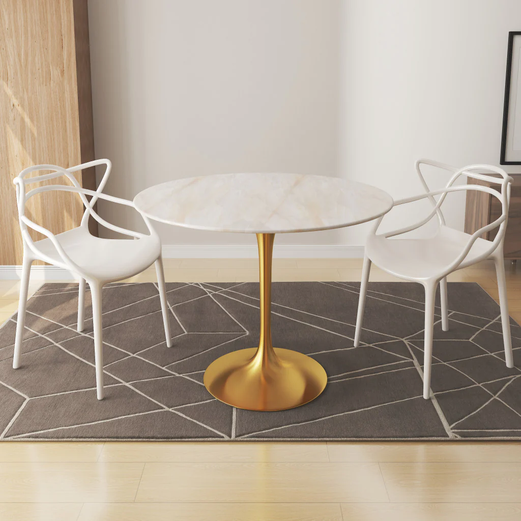 White And Gold Rounded Stone And Metal Pedestal Base Dining Table By Homeroots - Image 5